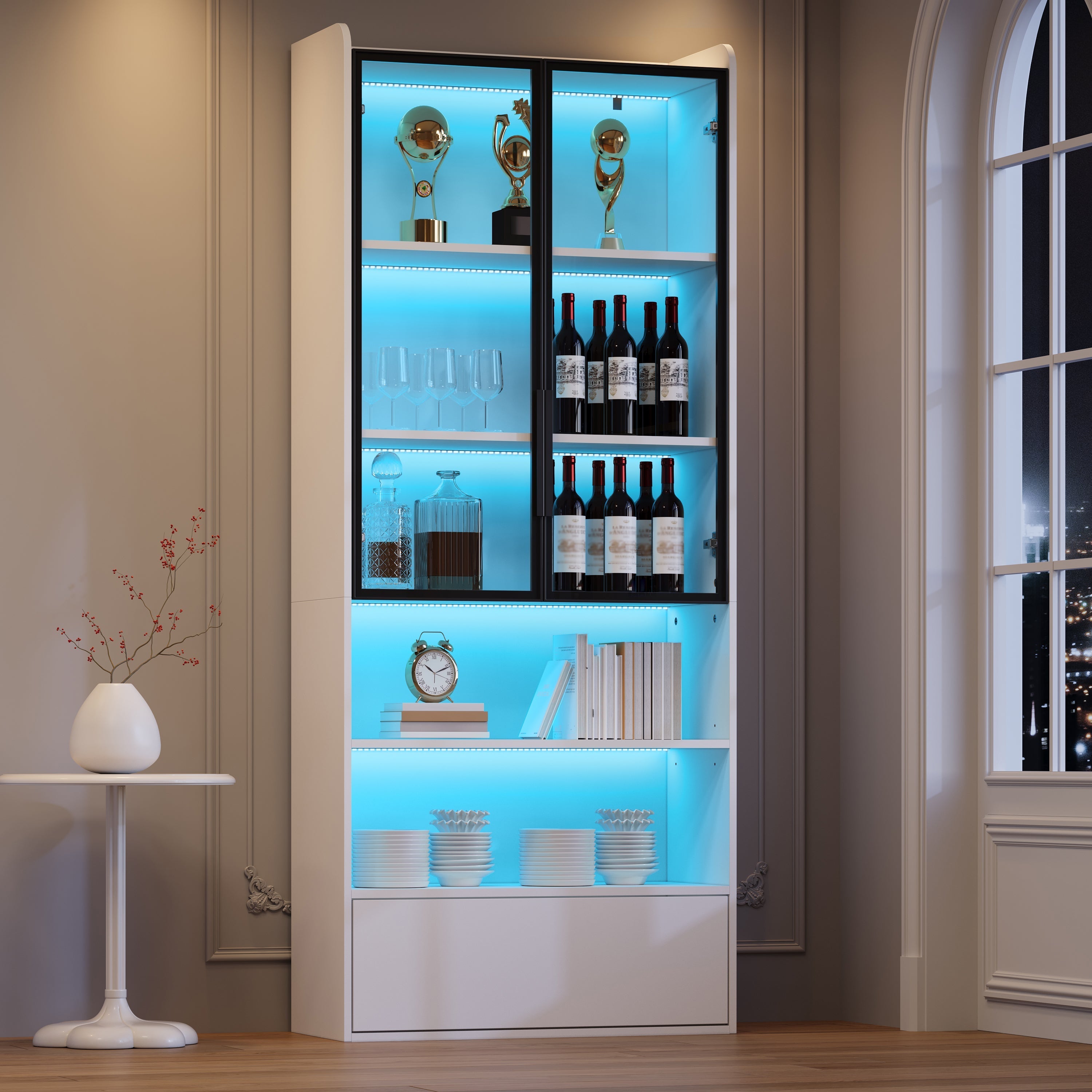 Display Cabinet 80x34x180cm Tall with 1 Drawer Glass Doors LED Lighting White