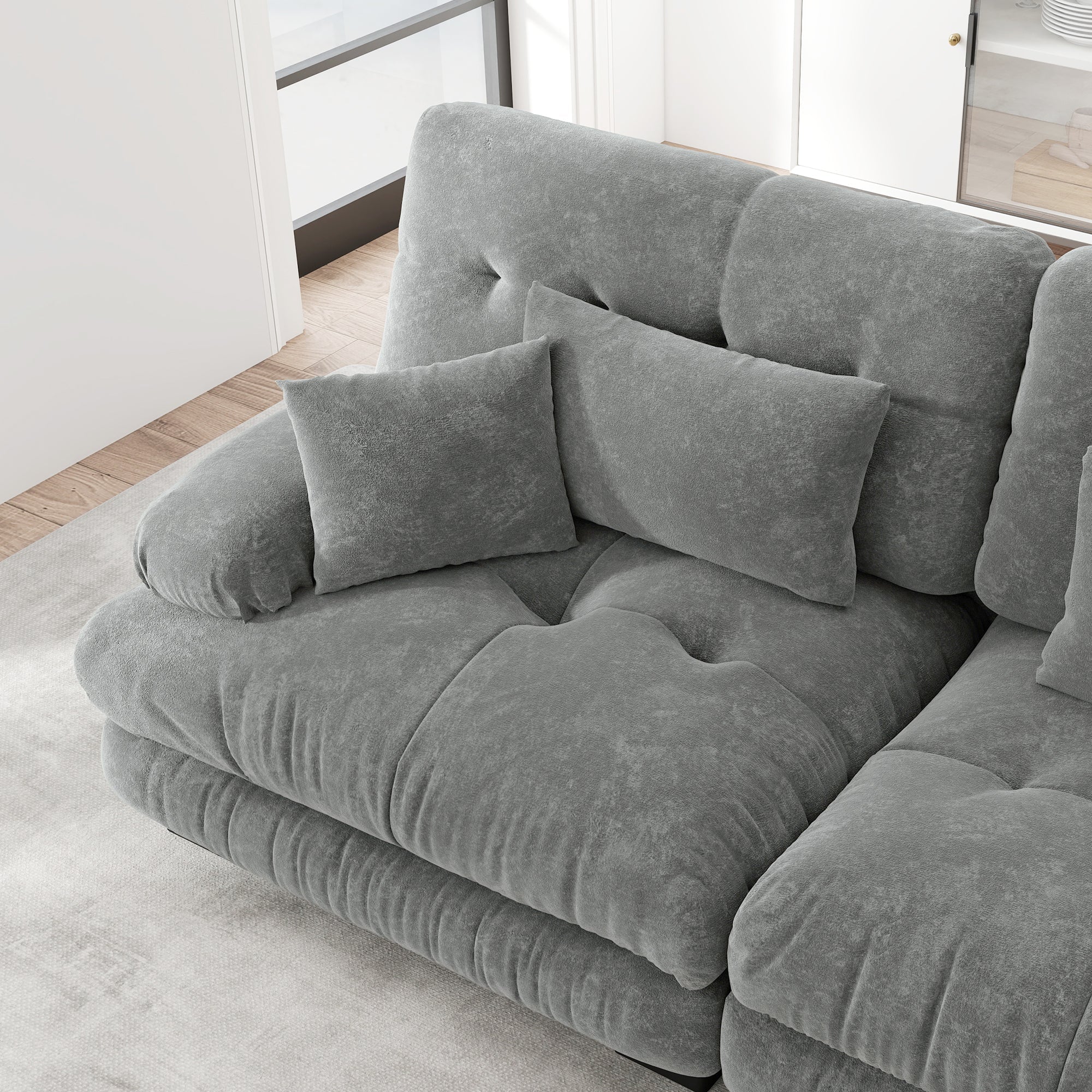 Luxury Modular Corner Sofa - Oversized L-shaped Cloud Couch with Ottoman, Chenille Grey