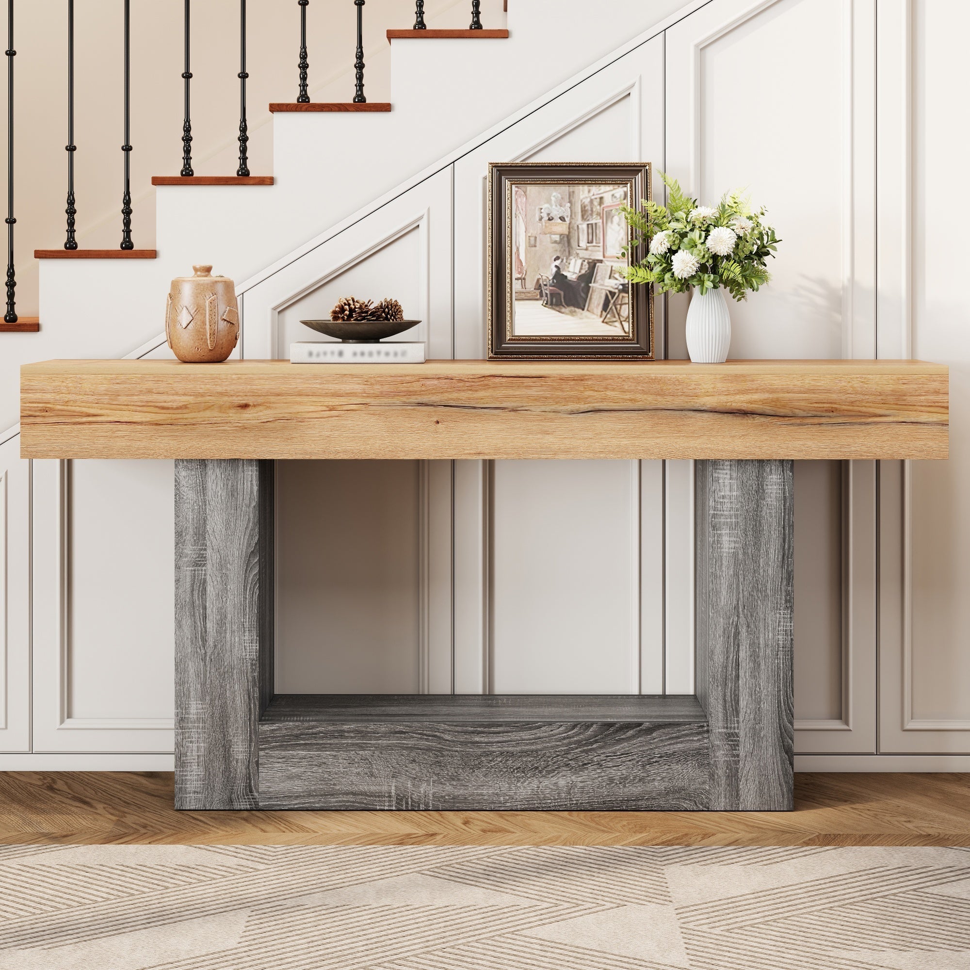 Two-Tone Console Table with Storage Shelf and Thick Tabletop, Wood Look Chipboard