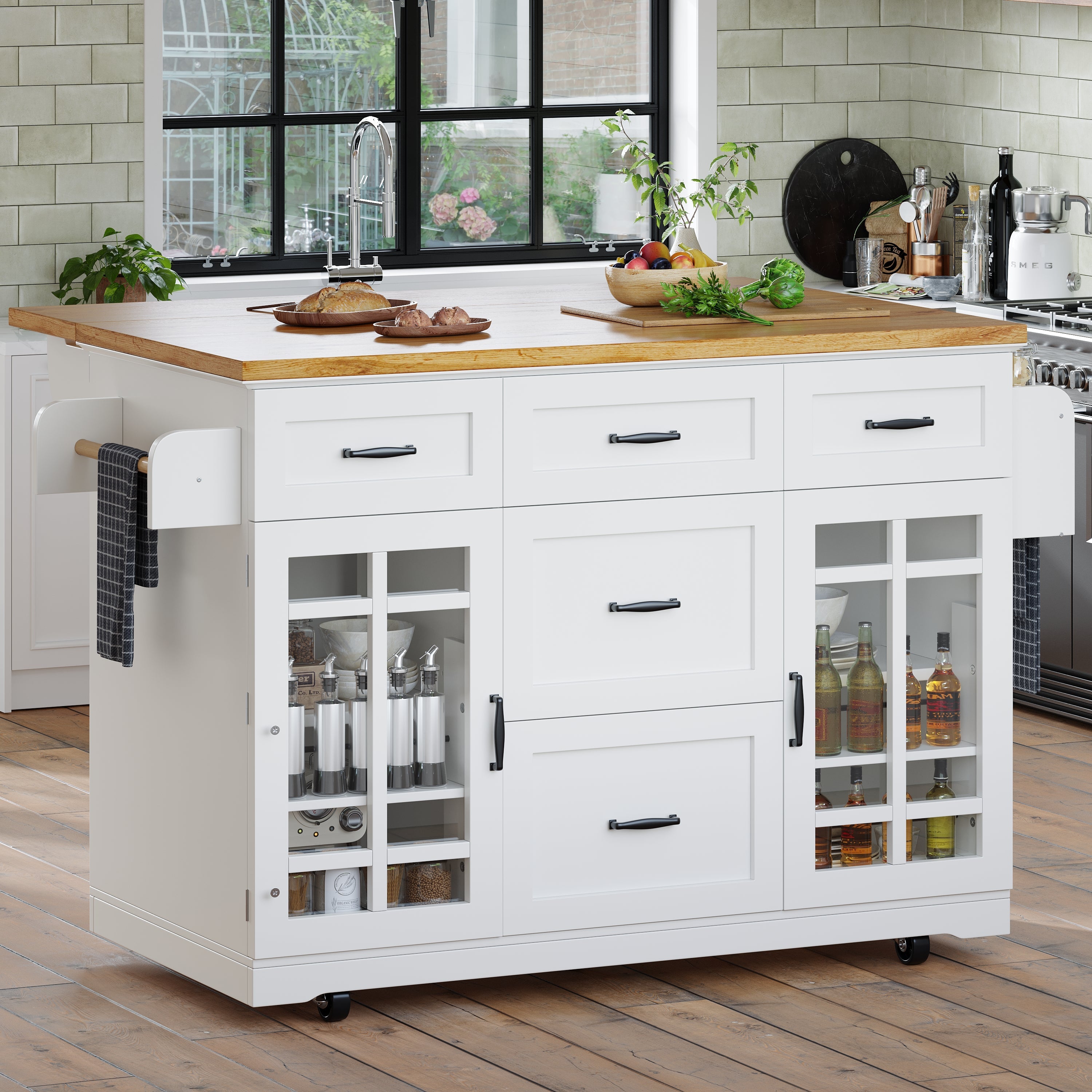 Kitchen Island, Mobile Serving Trolley with 2 Doors, 5 Drawers & Adjustable Shelves, White