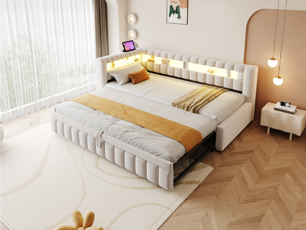 Upholstered Extendable Sofa Bed with LED and USB Port, 90x200cm, Beige Velvet