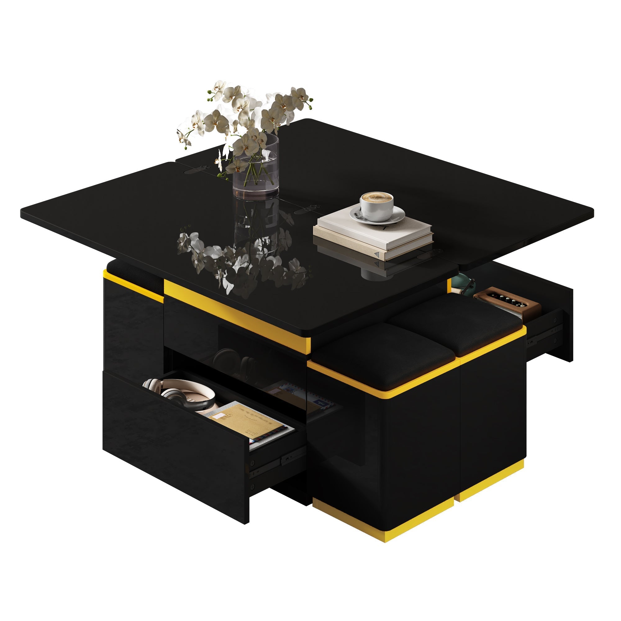 Coffee Table Multifunctional High-Gloss Height-Adjustable Foldable Dining 100x50x43cm - Black