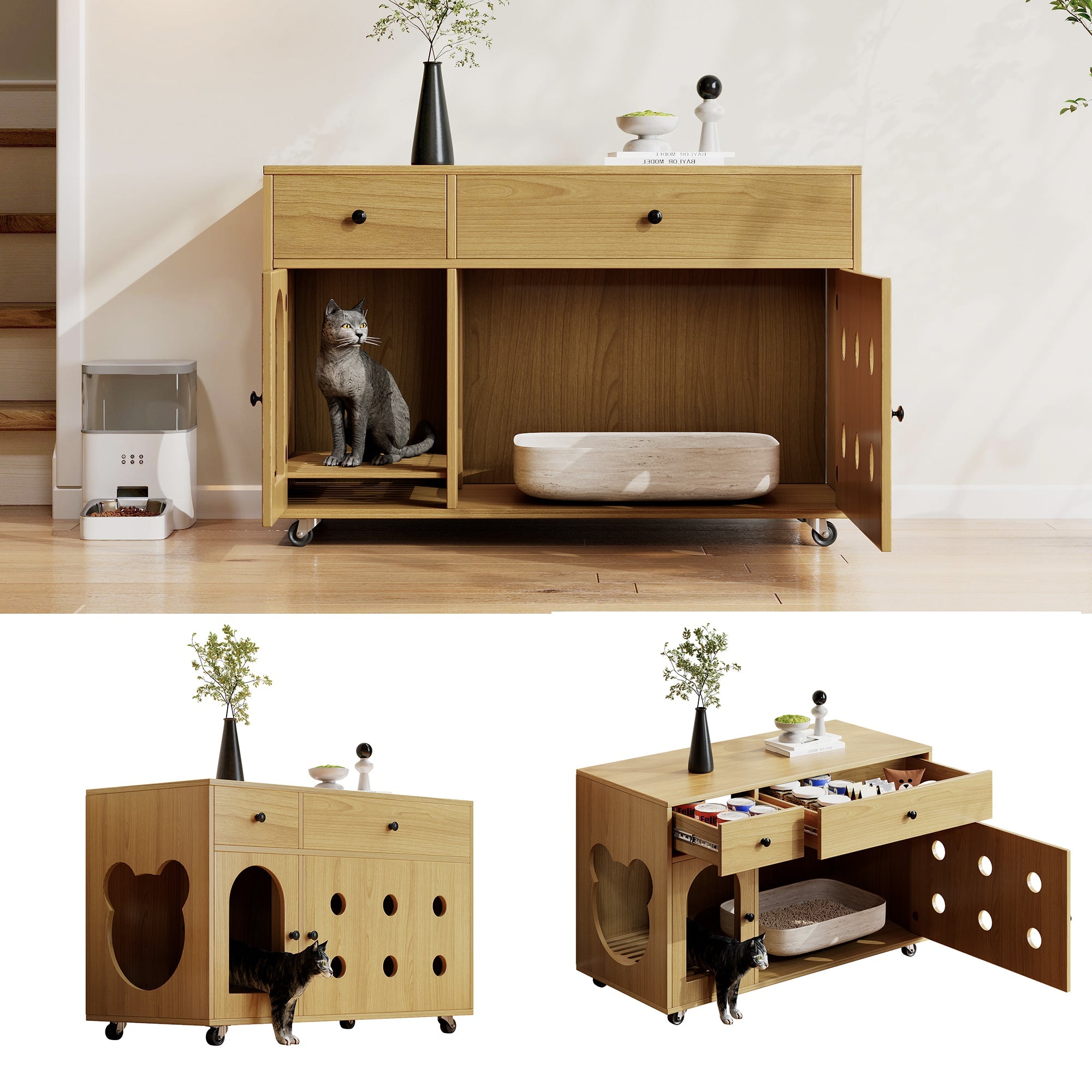 Cat Litter Box Cabinet, Removable Sand Drain, Odor-Insulated, 100x45x66 cm, Natural Wood/Yellow Maple Color