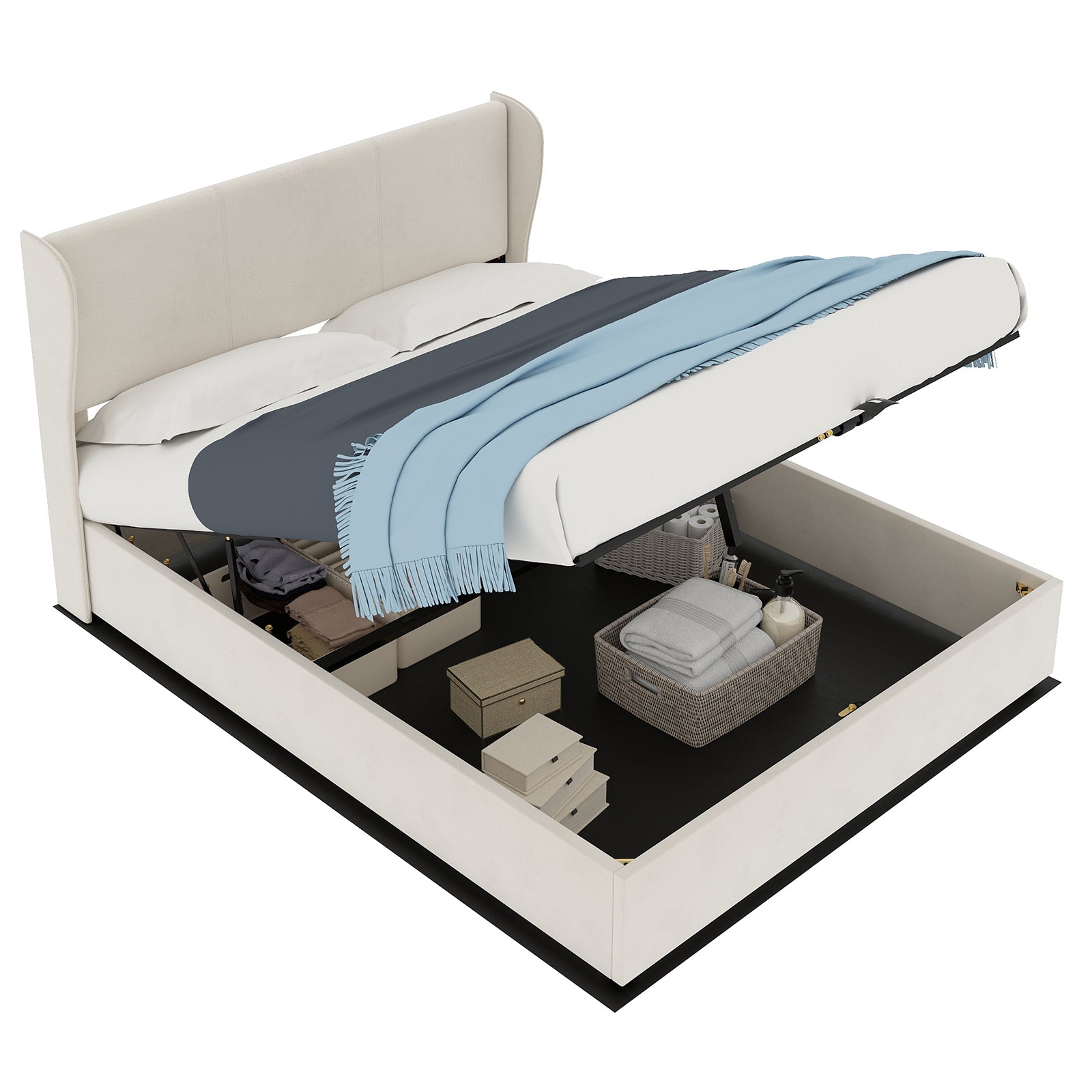 Modern Minimalist Upholstered Bed, 140x200 cm with Gas Lift Storage and Headboard, Beige