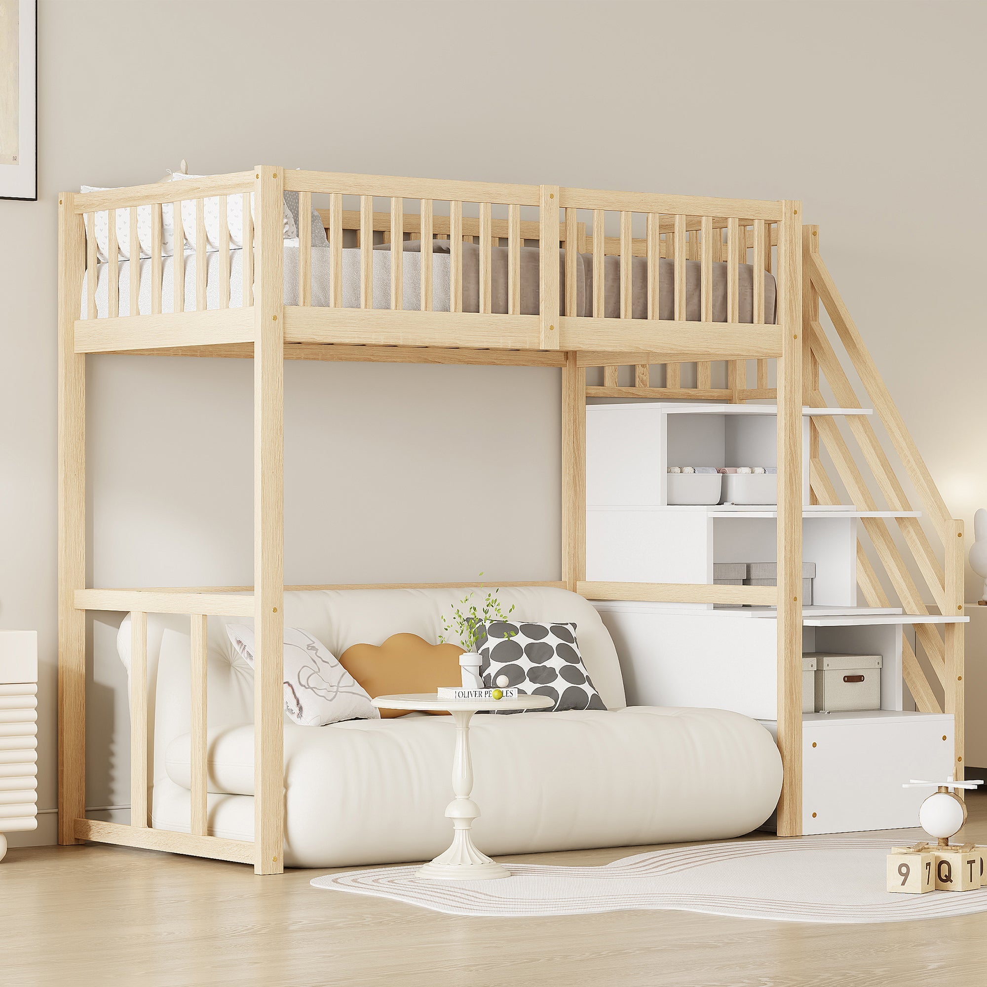 Loft Bed 90x200 Safety Storage Ladder, Solid Pine Wood