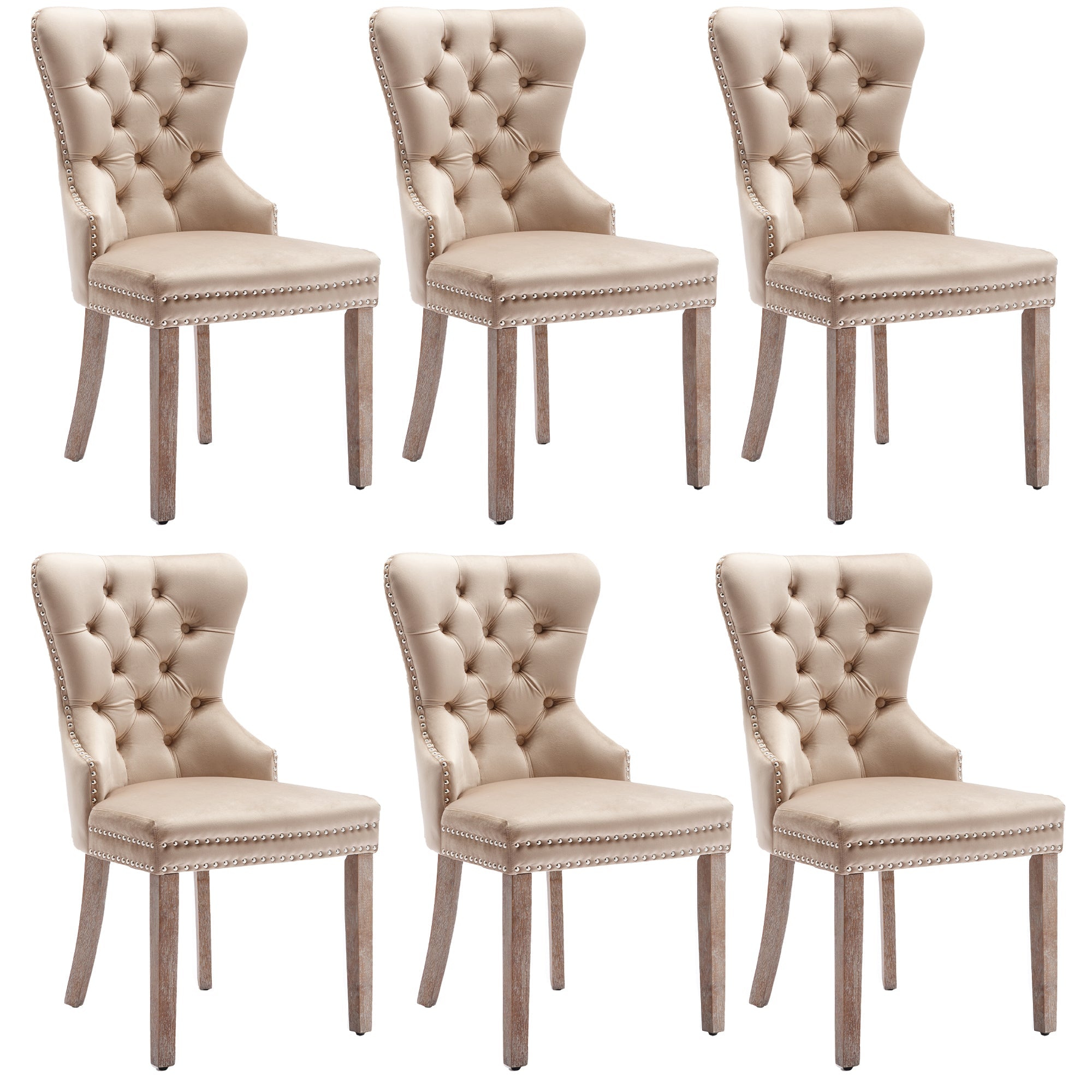 Dining Chair Set 6 Pieces Door Knocker Back Nailhead Trim Solid Wood Legs Beige Velvet