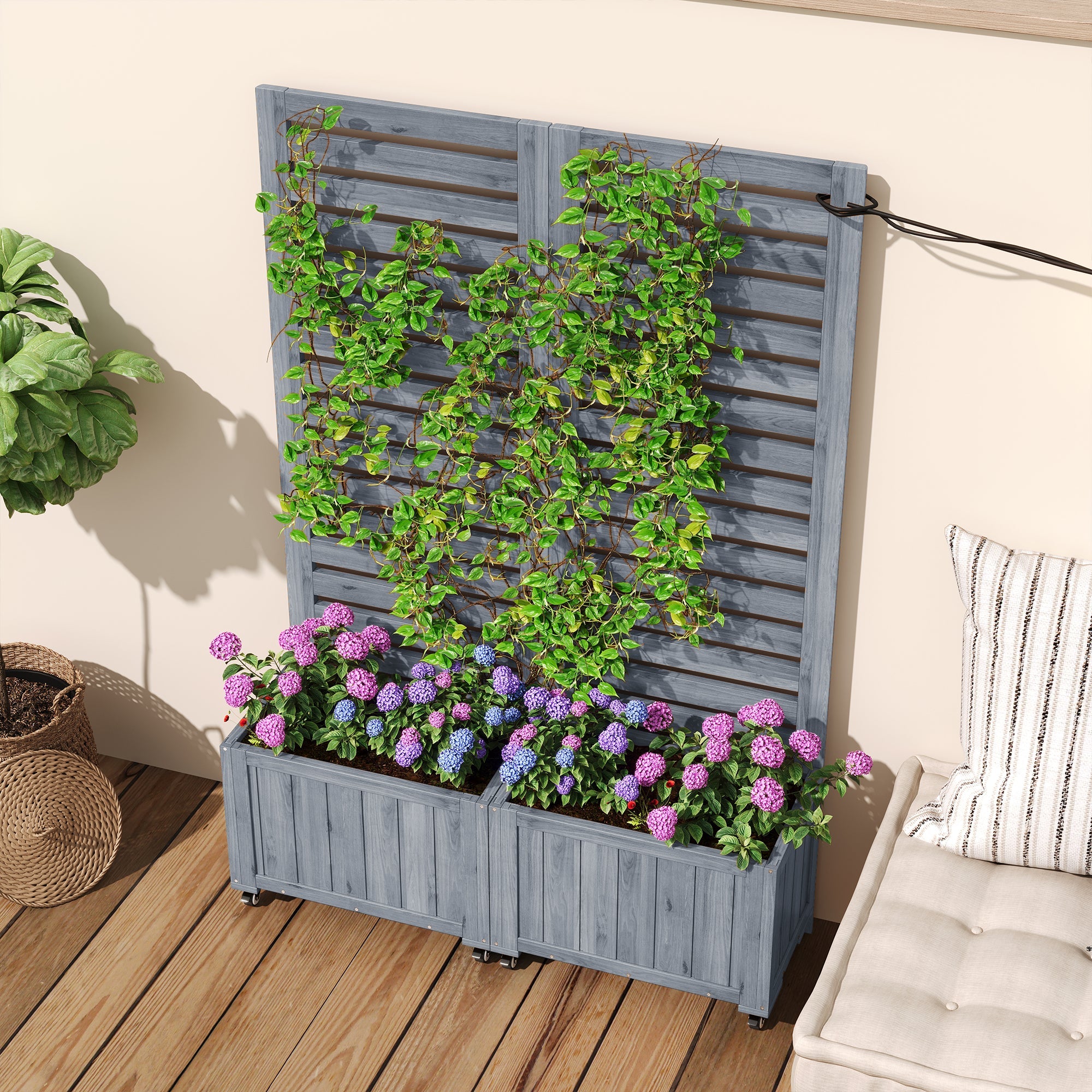 Outdoor Planter with Trellis and Universal Wheels, Grey Wood