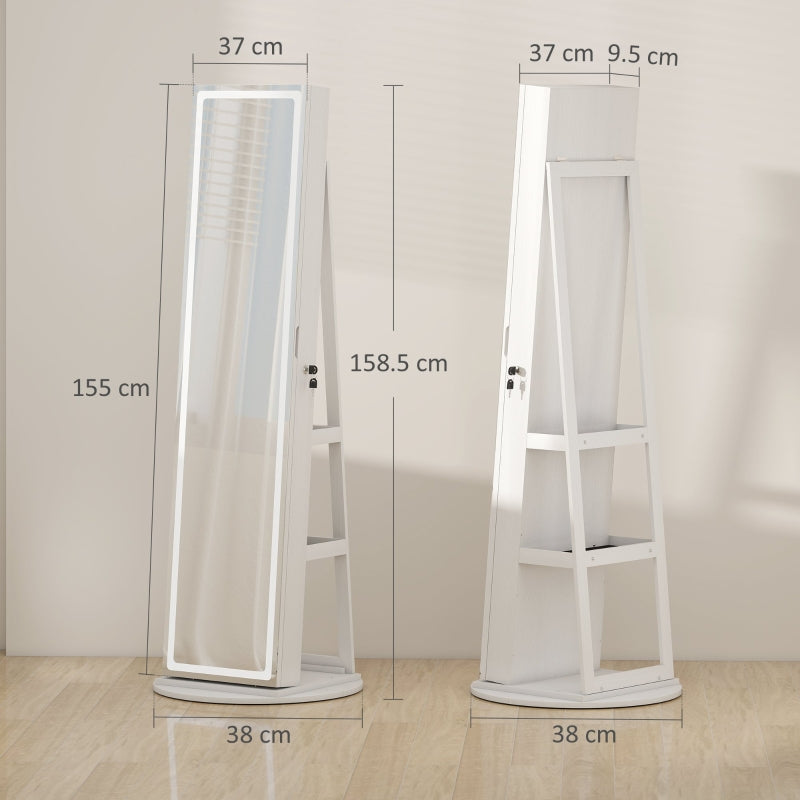 360° Swivel Mirror Jewellery Cabinet, LED Lights Lockable Storage Full Length, White