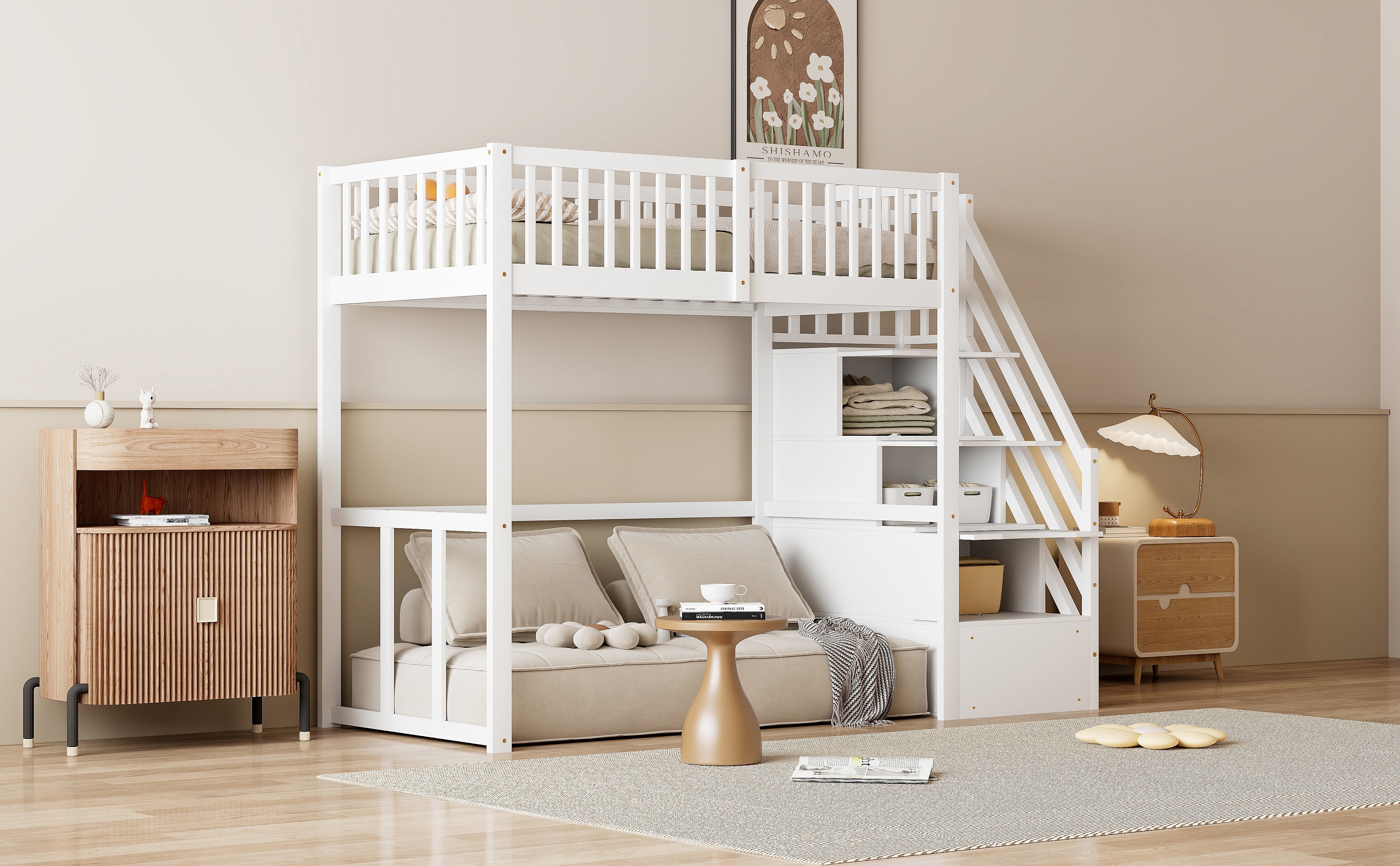 Loft Bed with Safety Storage Ladder, 90x200cm, White Solid Pine Wood