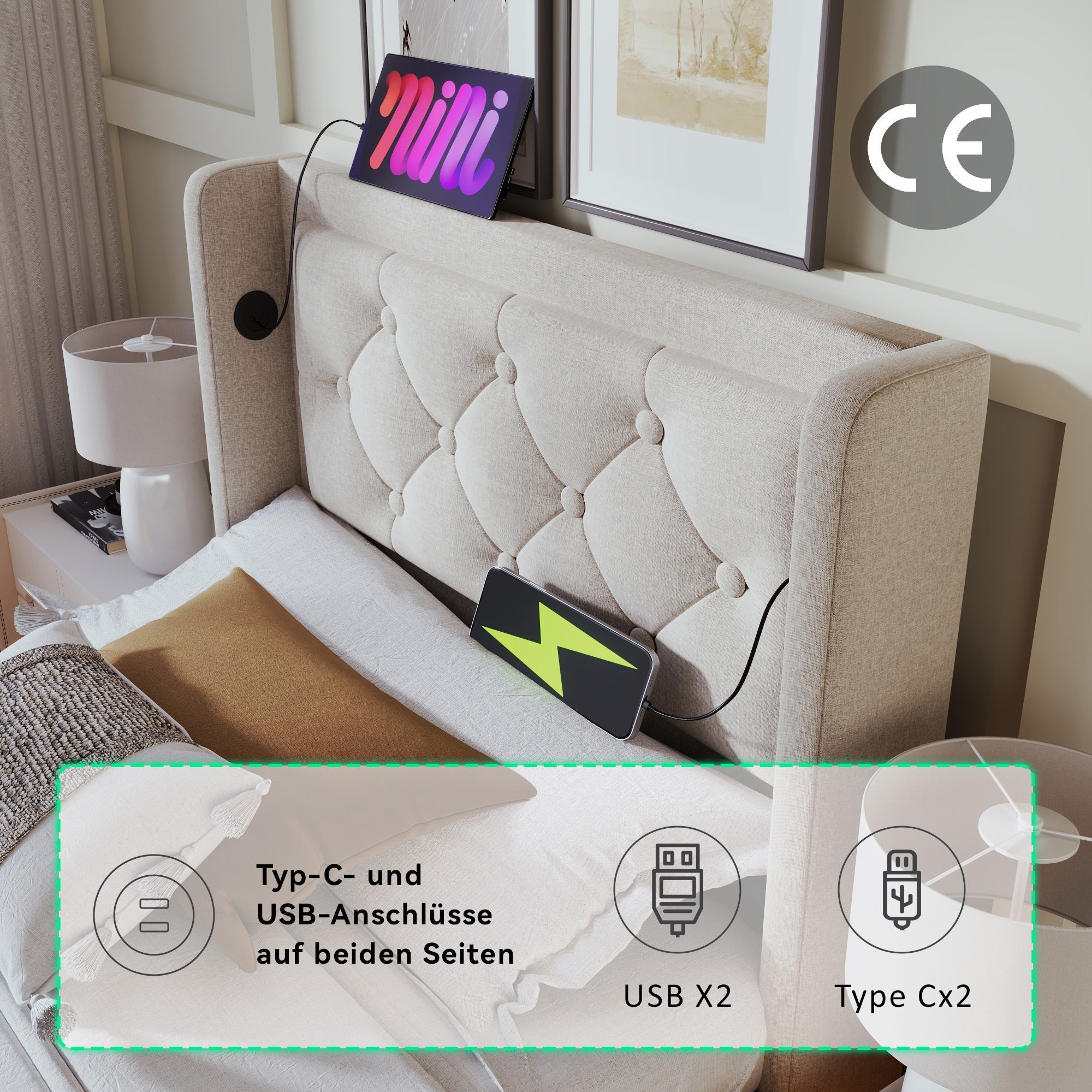 Upholstered Single Bed, 90x200cm Hydraulic Storage with USB & LED, Beige Cotton