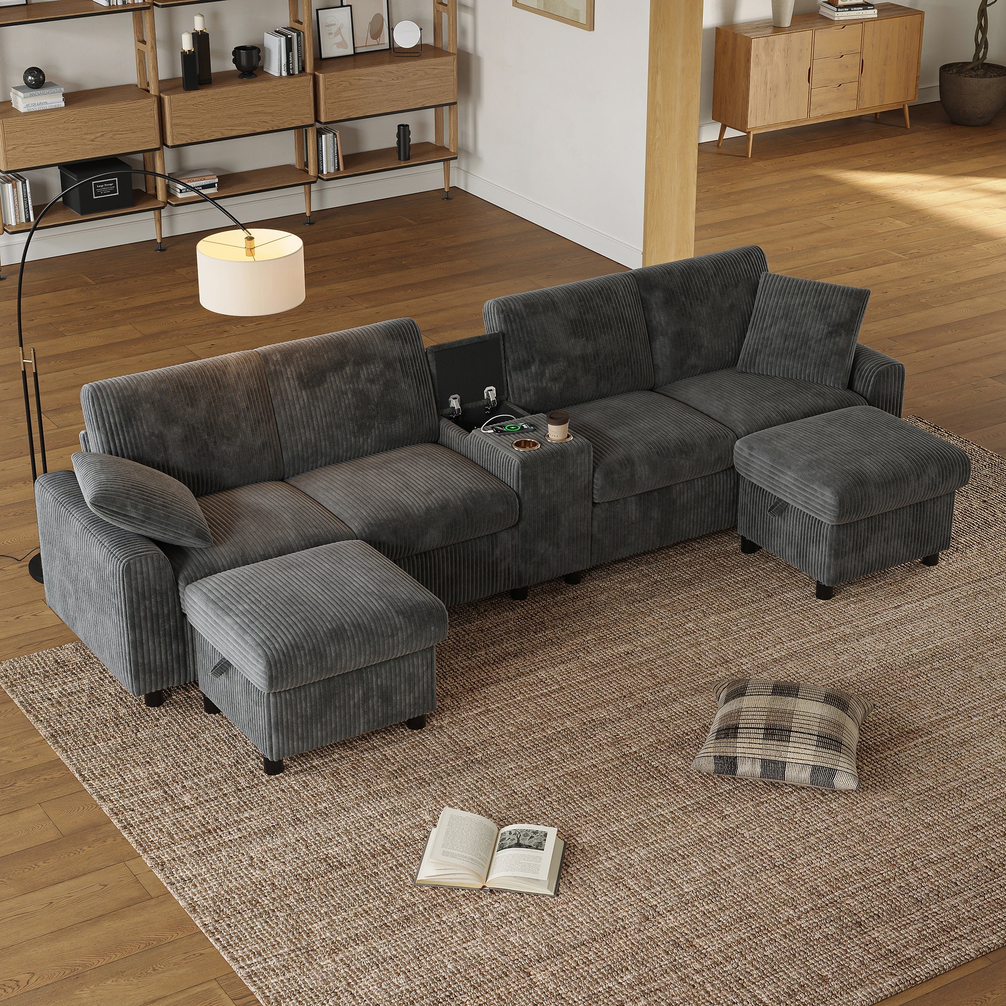 U-shaped Sofa with Storage Footstools Coffee Table USB Power Corduroy Grey