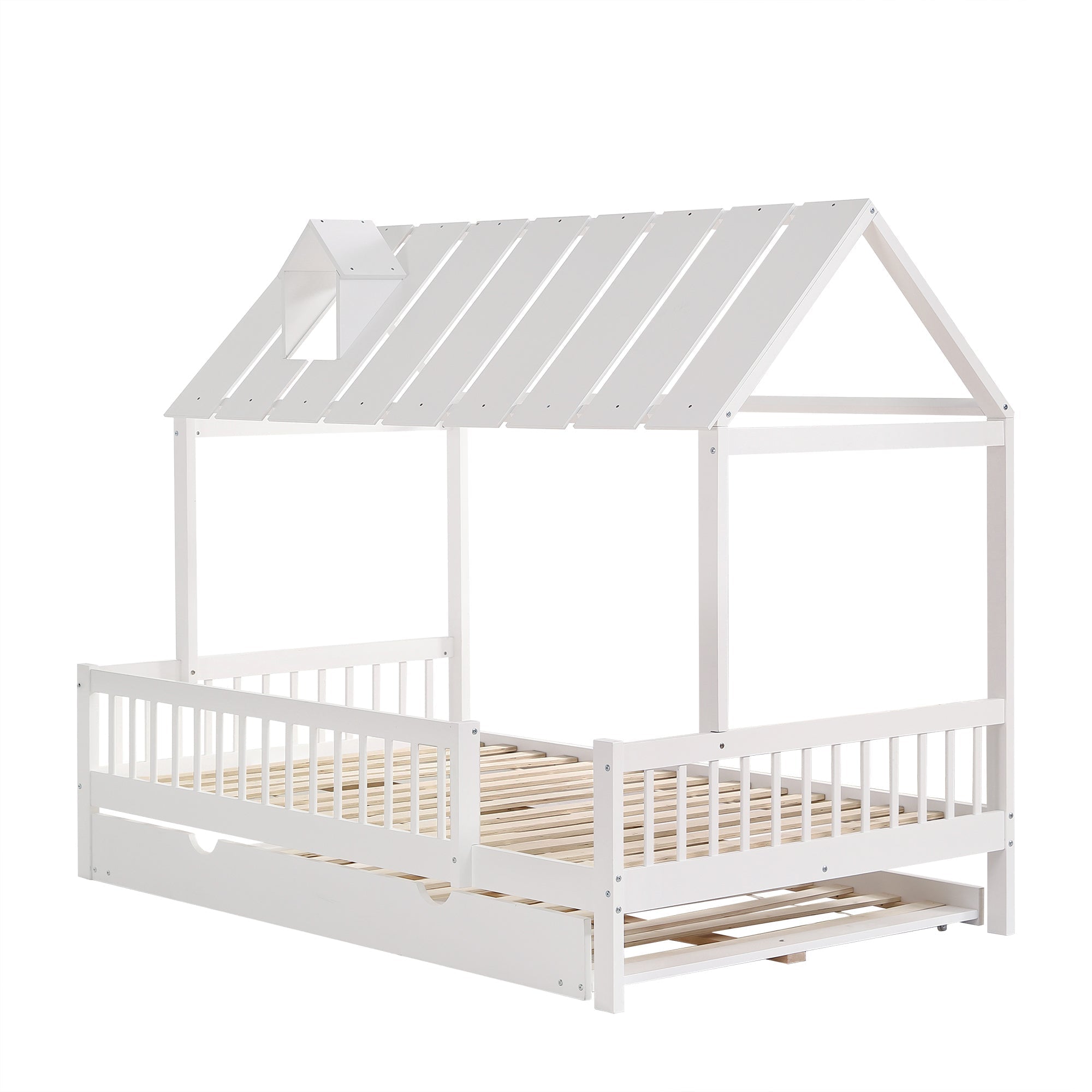 House Bed, Trundle Bed with Chimney, 3-Sided Rail, Pine+MDF, White