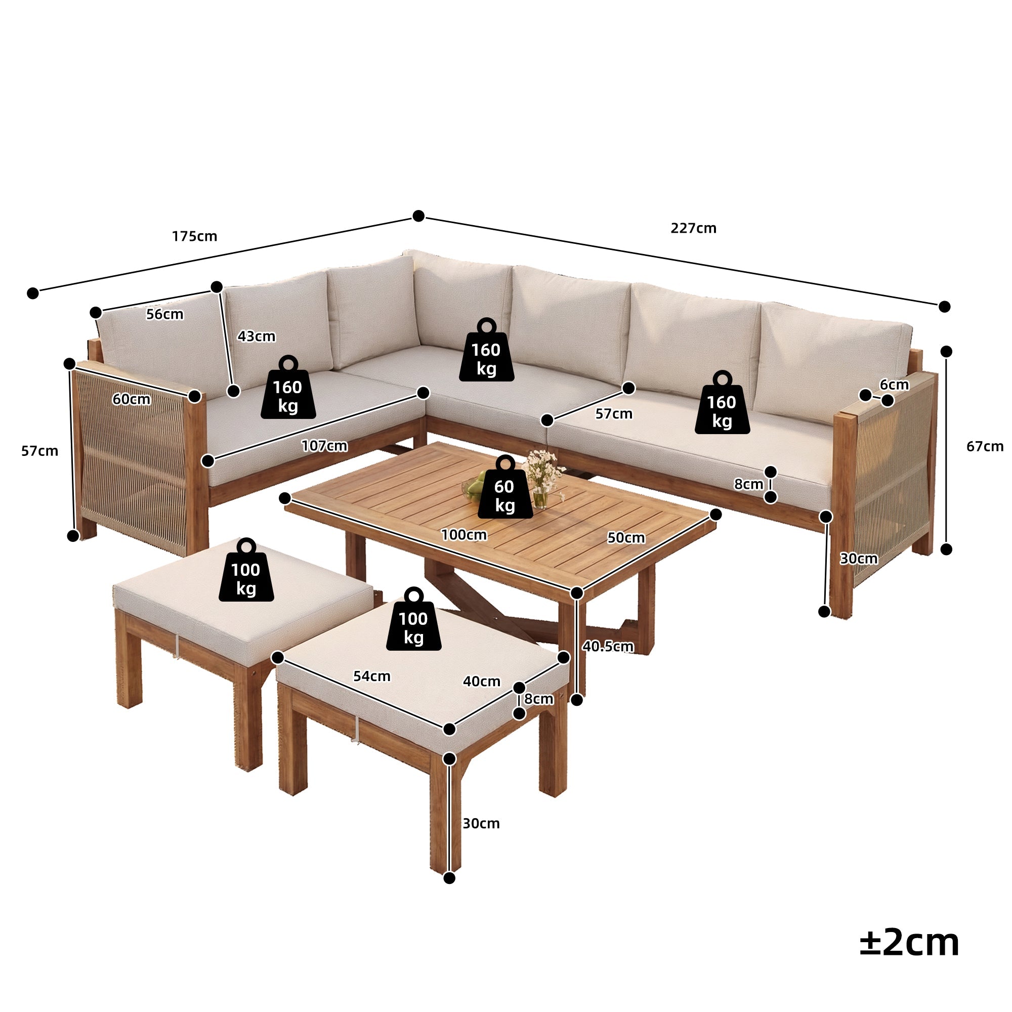 Modular Garden Furniture Set with 6-Seater Corner Sofa, 2 Stools and Table, Acacia Wood