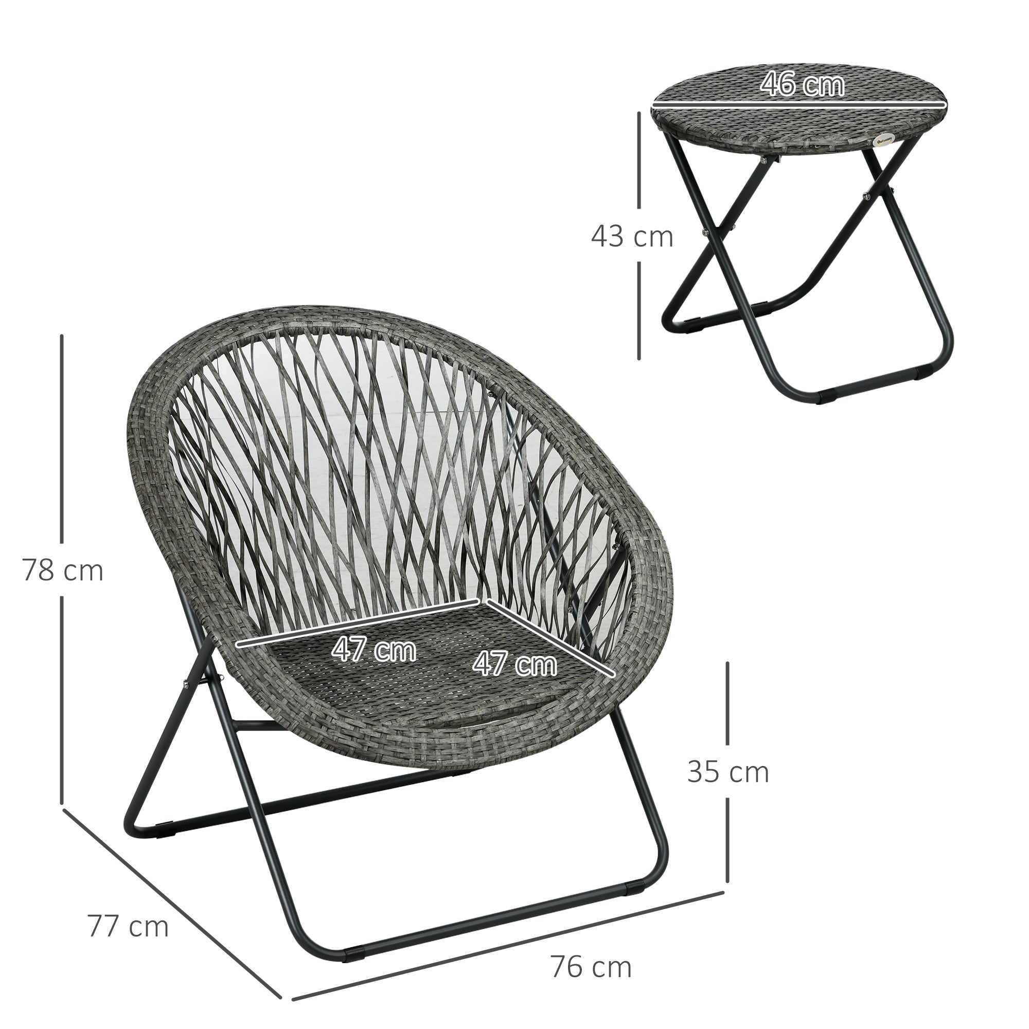 Folding Garden Furniture Balcony Set Coffee Table 2 Chairs, Steel Grey