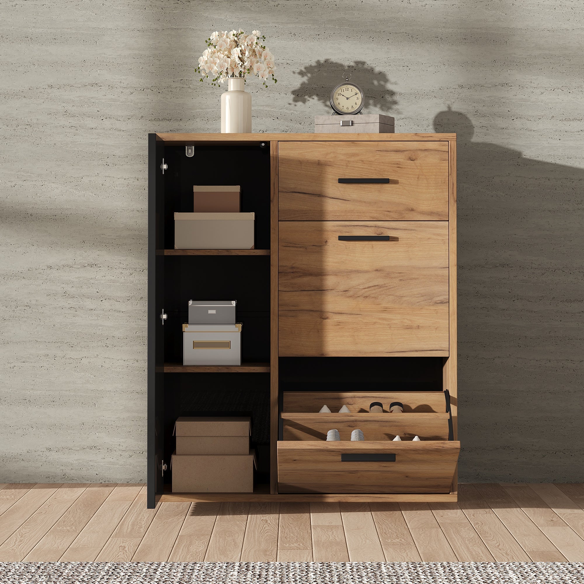 Modern Shoe Cabinet, Adjustable Shelves 1 Drawer 2 Drop-Down Doors, Black and Natural Tones