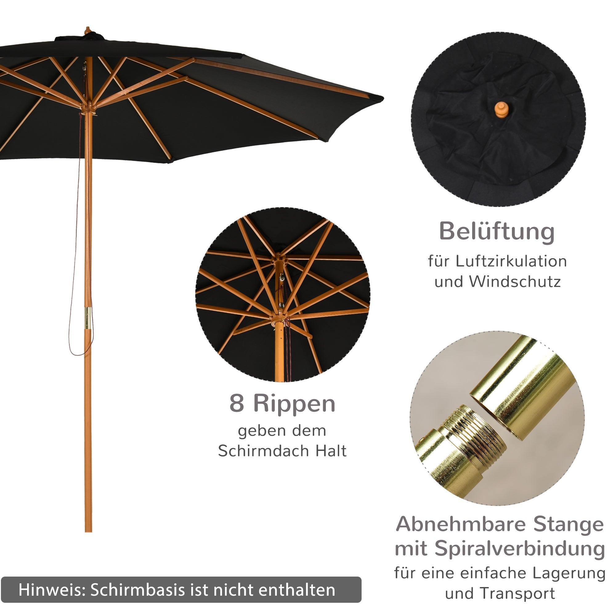 Wooden Parasol 300 cm Garden Balcony Bamboo Black