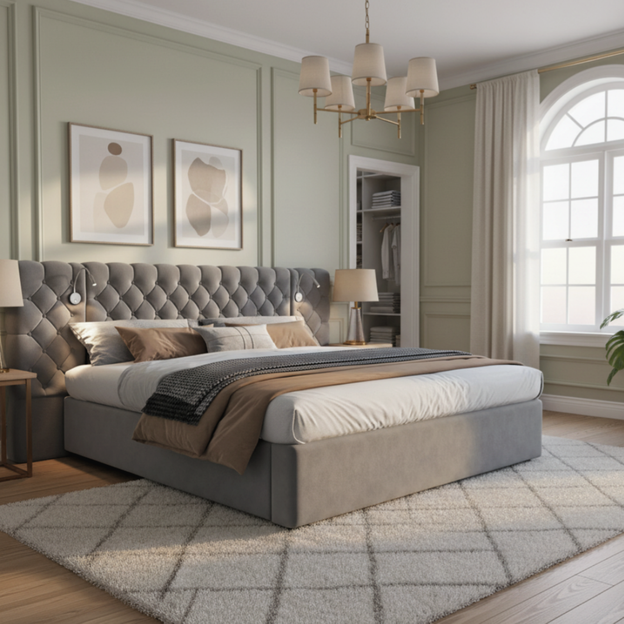Upholstered Double Bed 180x200cm Hydraulic Storage LED Wide Headboard - Velvet Grey