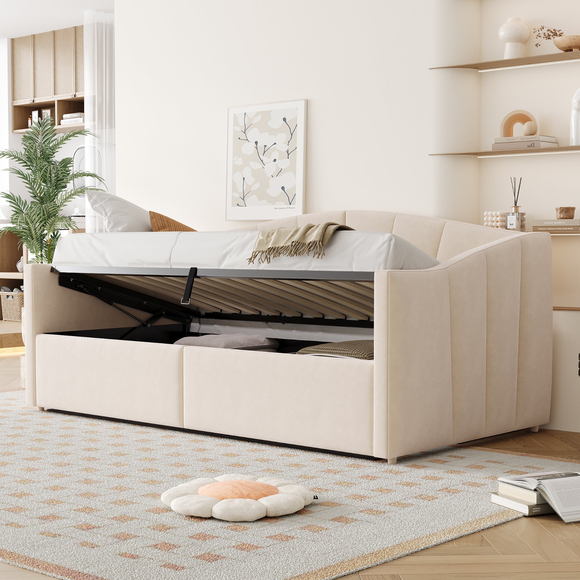 Upholstered Single Sofa Bed 90x200cm Hydraulic Storage Armrests Striped - Velvet Beige