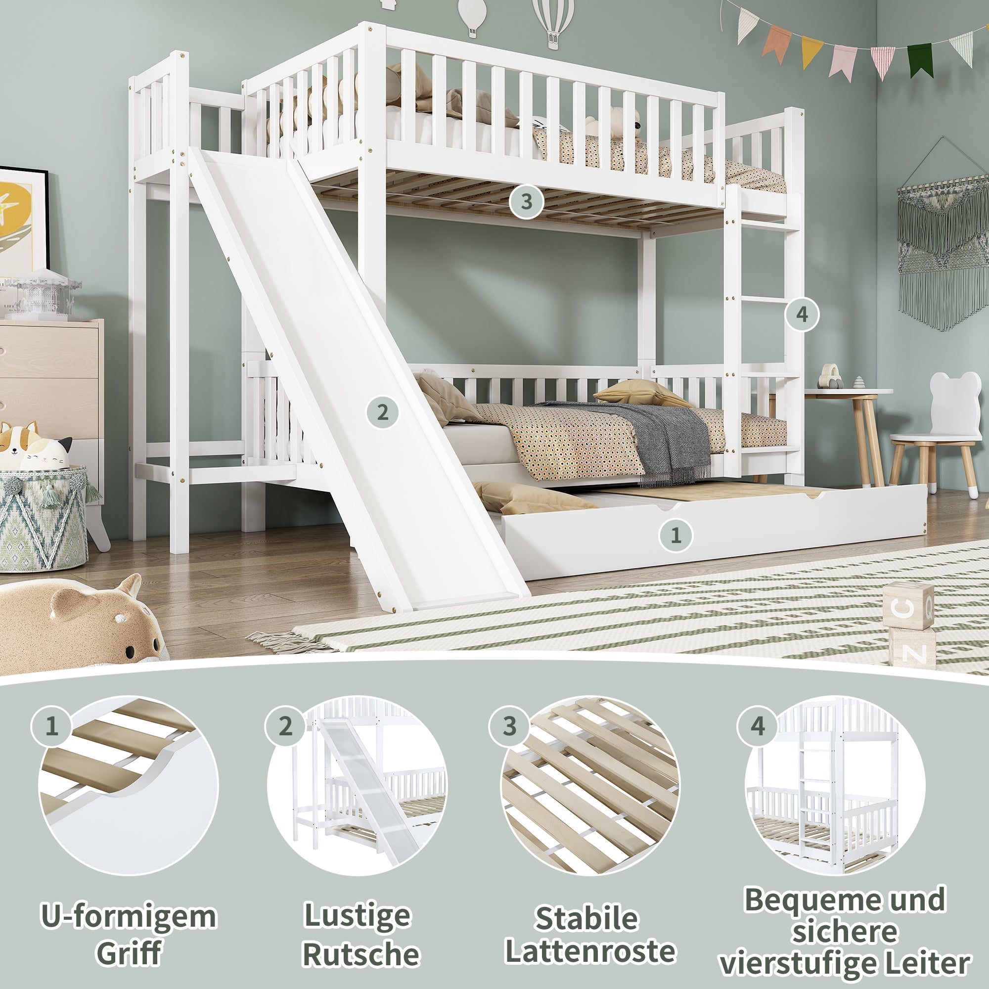 Bunk Bed with Trundle, Slide & Shelves, Pine + MDF White