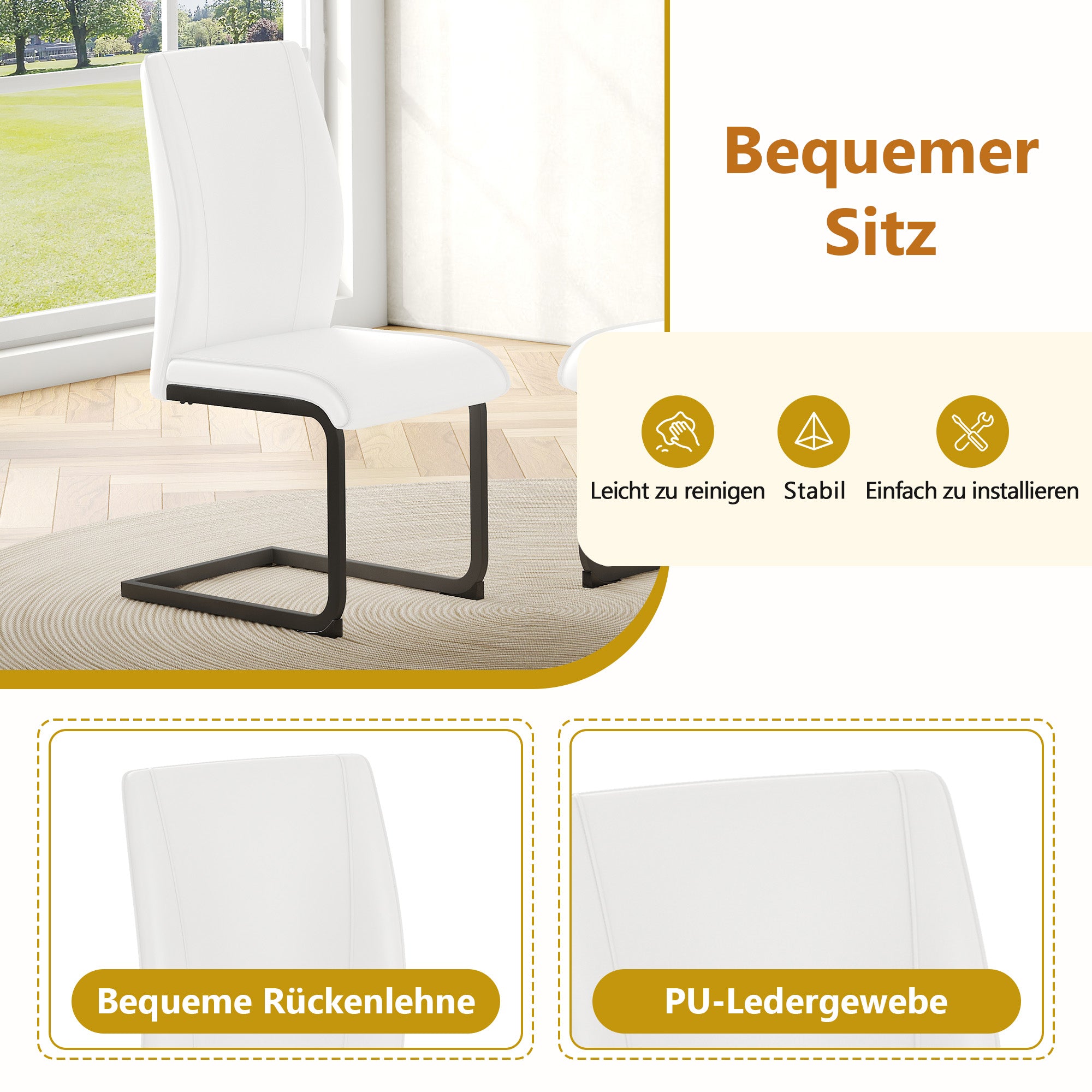 Table Set Rectangular Dining Table Storage Shelf 4 Armchairs Faux Leather White