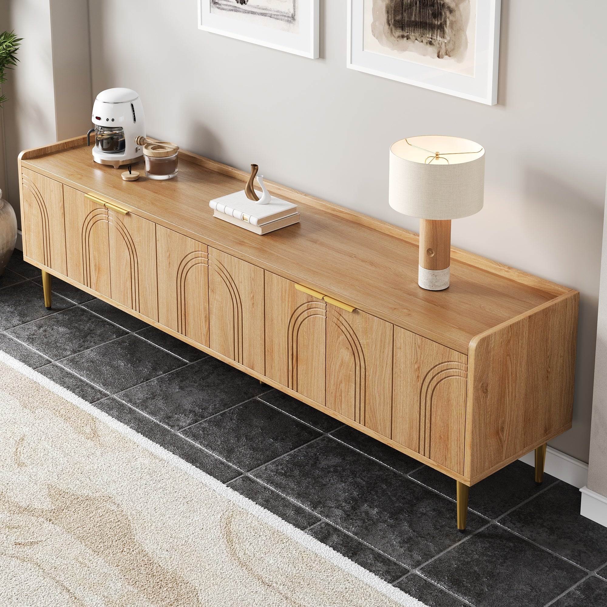 TV Cabinet Lowboard, Textured Door Gold Handles and Feet, 170cm MDF