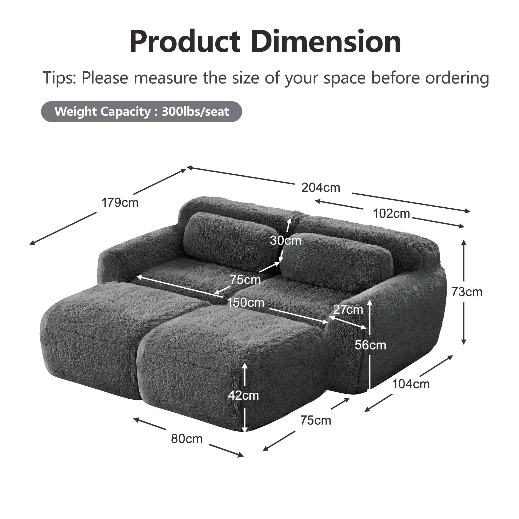 Boneless Cloud Modular Sleeper Sofa 2 Ottomans Plush Fabric - Grey