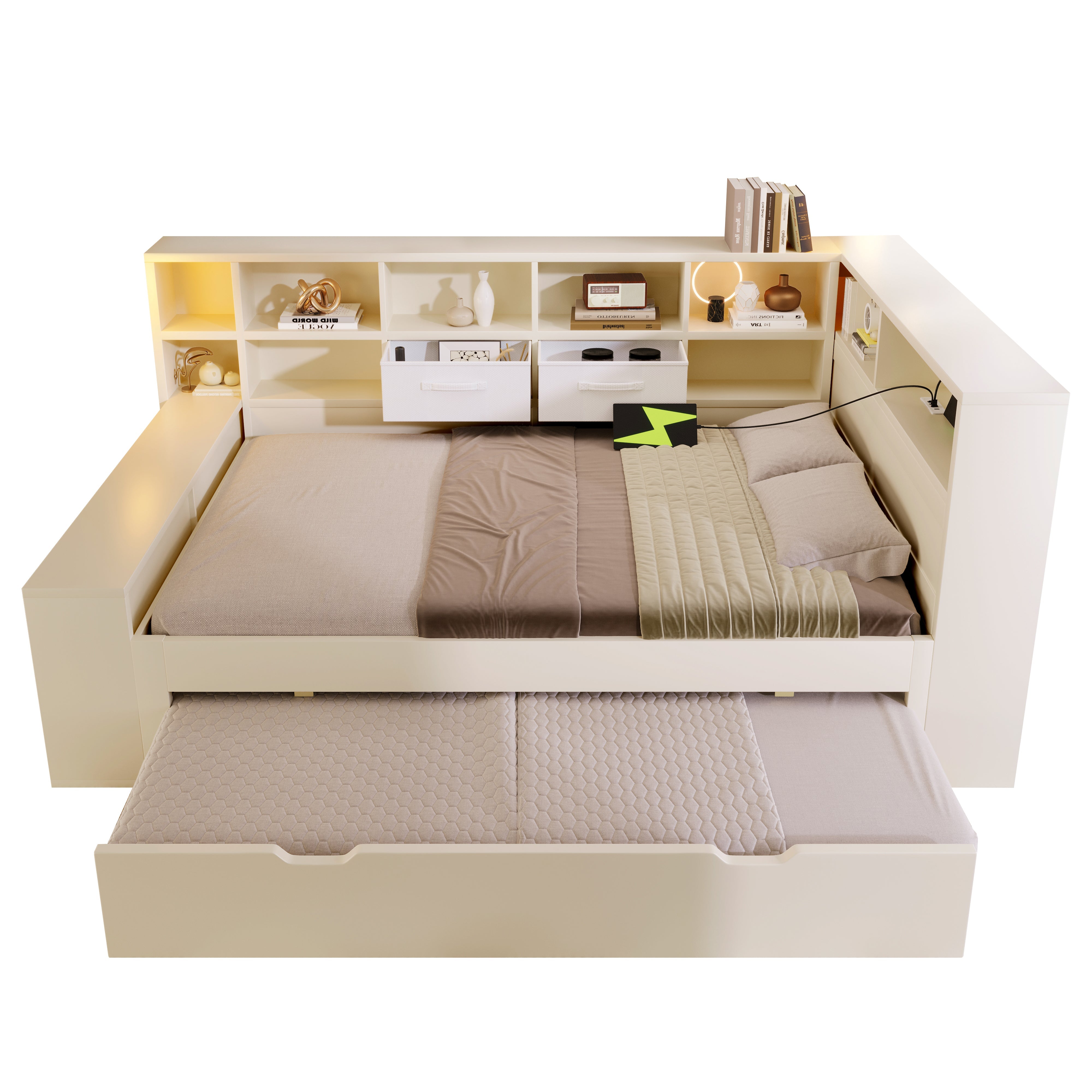 Storage Bed 140x200 with Pull-out Bed, 8 Storage Compartments and USB Charging Ports, White Wood