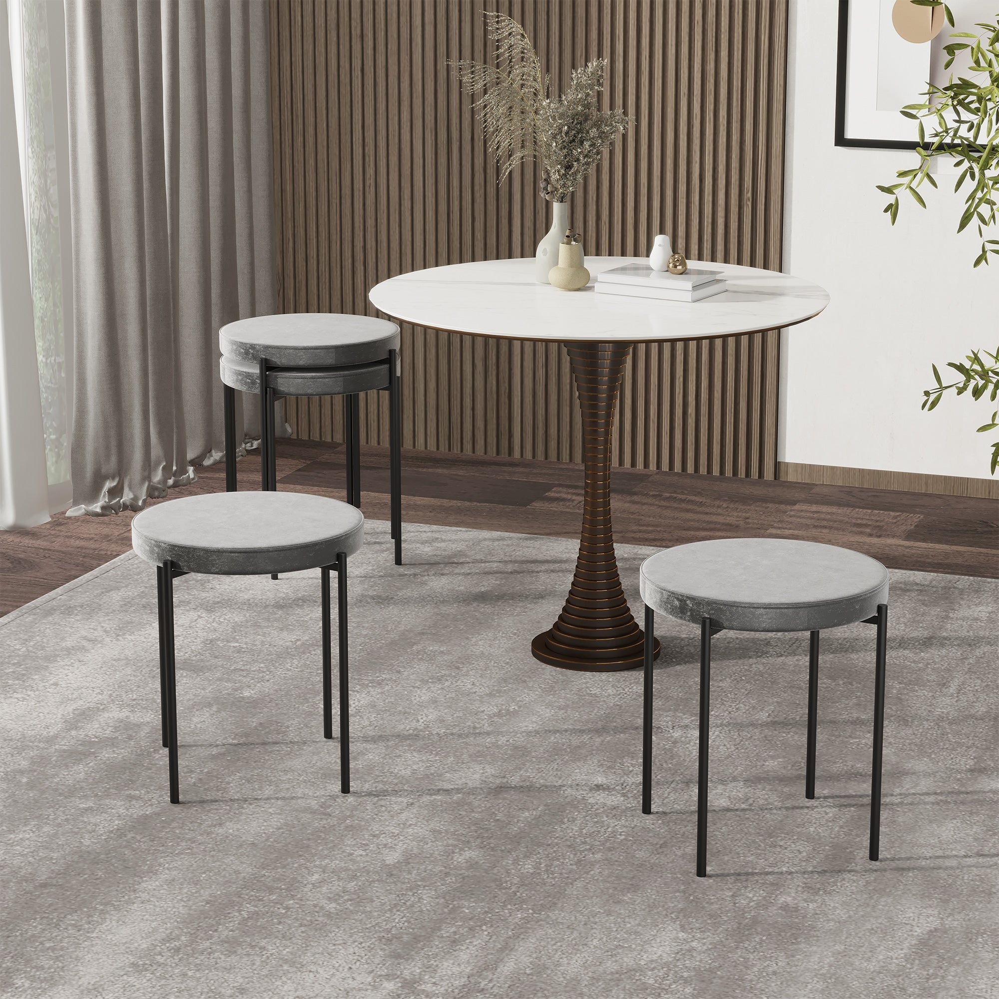 Dining Stools/Kitchen Chairs Set of 4 Stackable Upholstered Velvet Look, Grey Metal