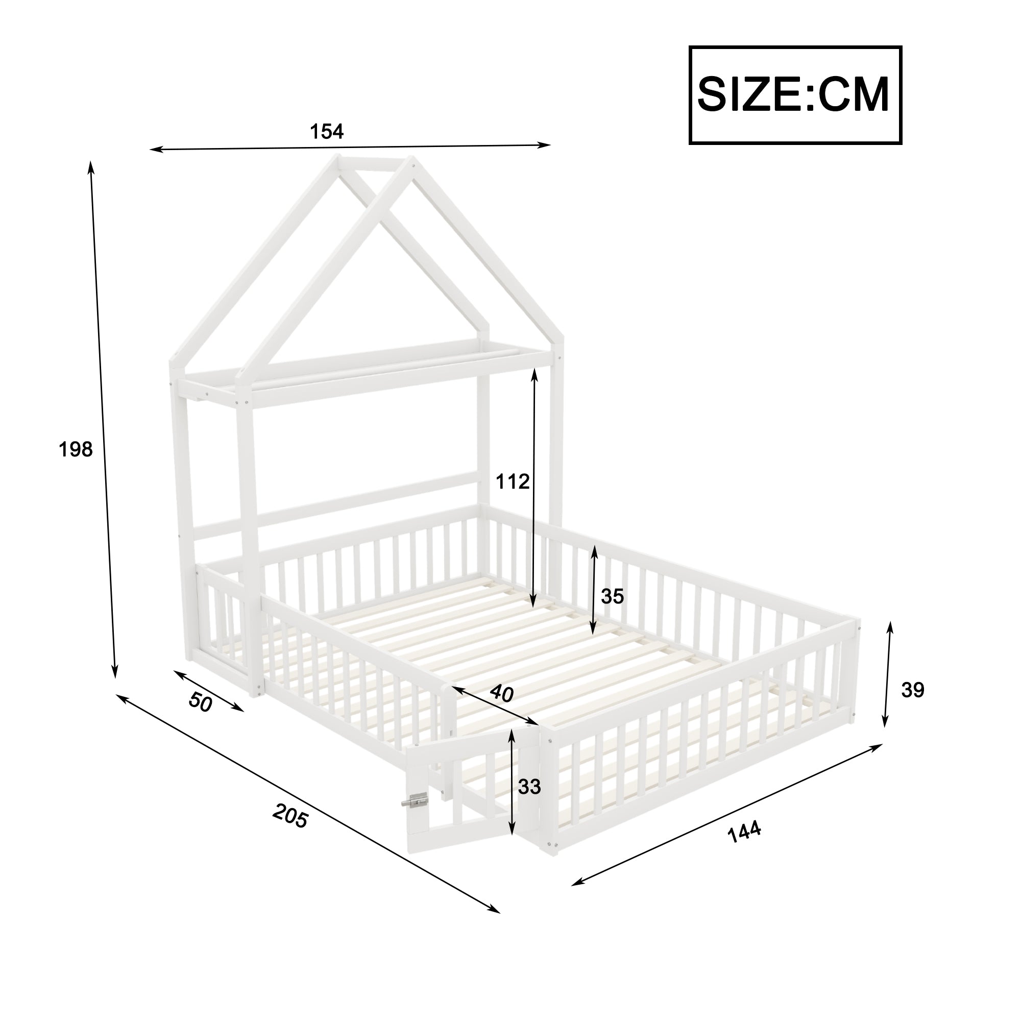 Children's Bed 140x200, Solid Wood Frame with Storage & Safety Gate, White