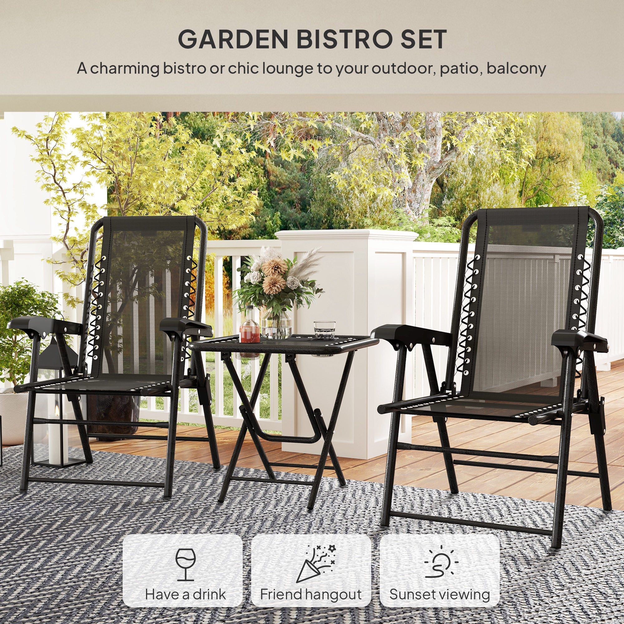 Three-Piece Garden Table and Chair Set, Folding Bistro Black