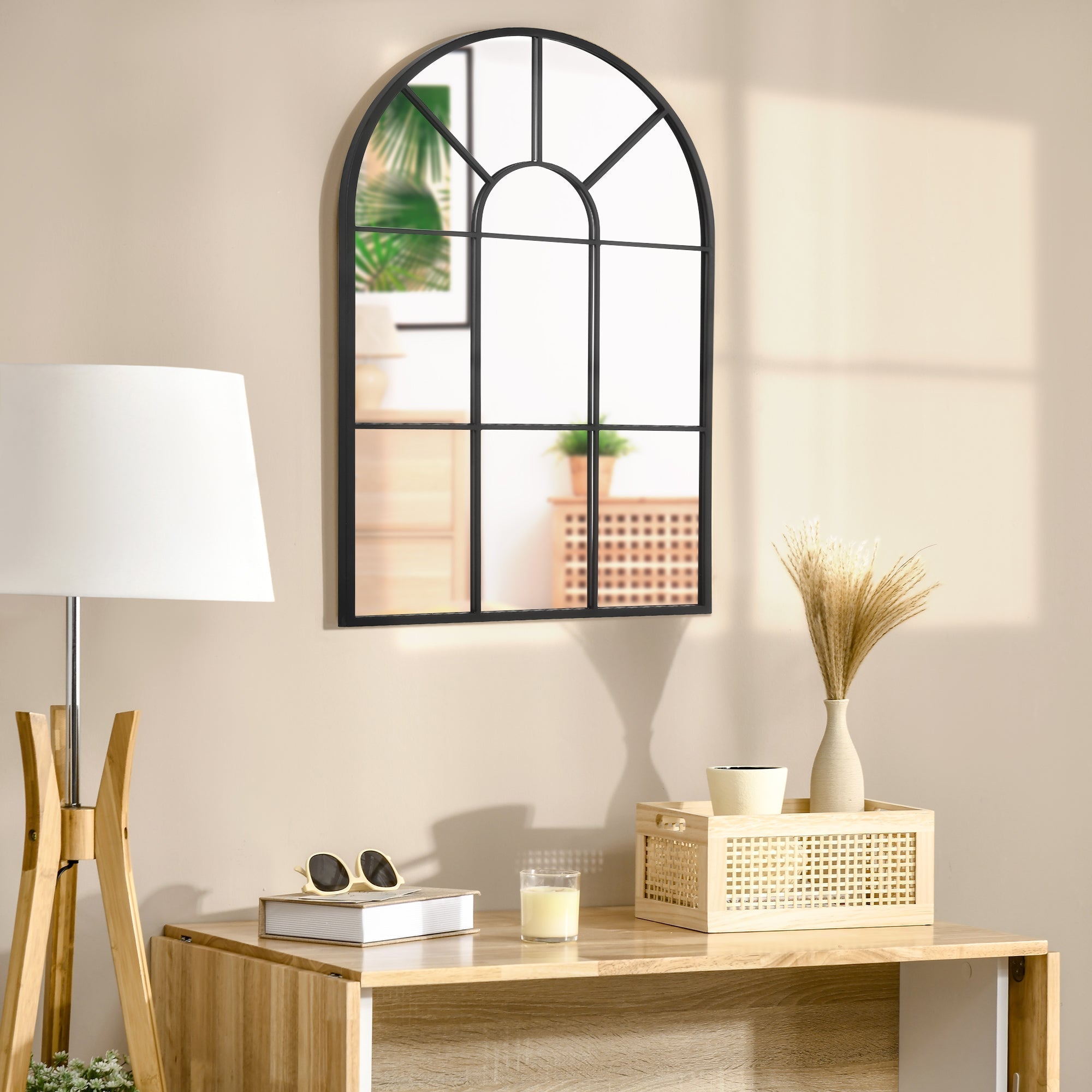 Arched Wall Mirror Modern, Window Style 91 x 60 cm, Black