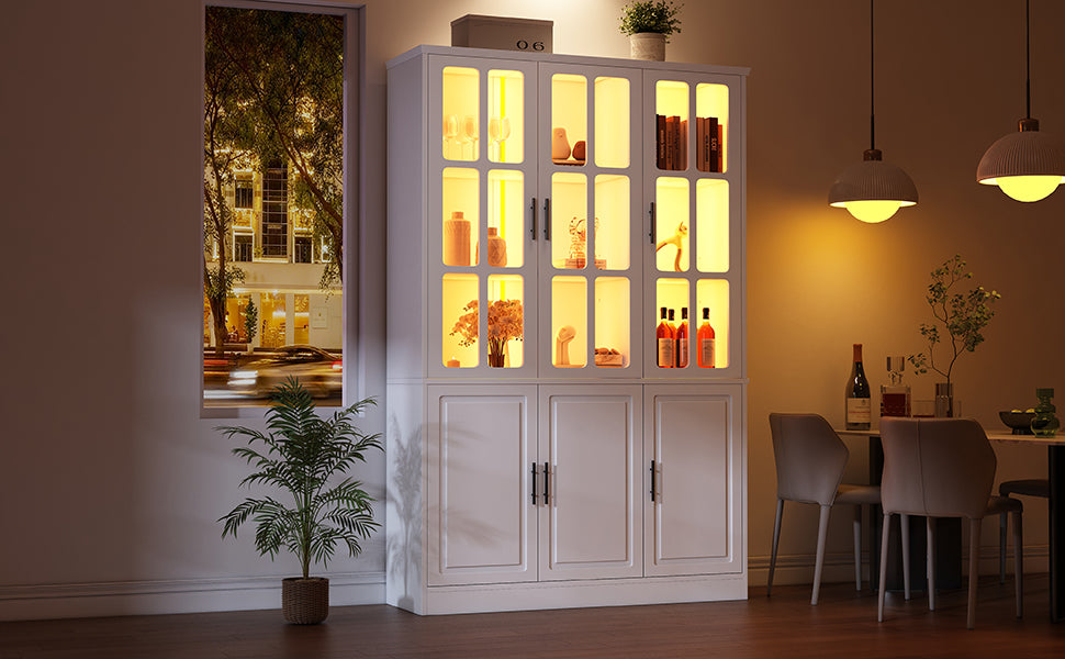 Standing Display Cabinet with 6 Doors and LED Lighting, White