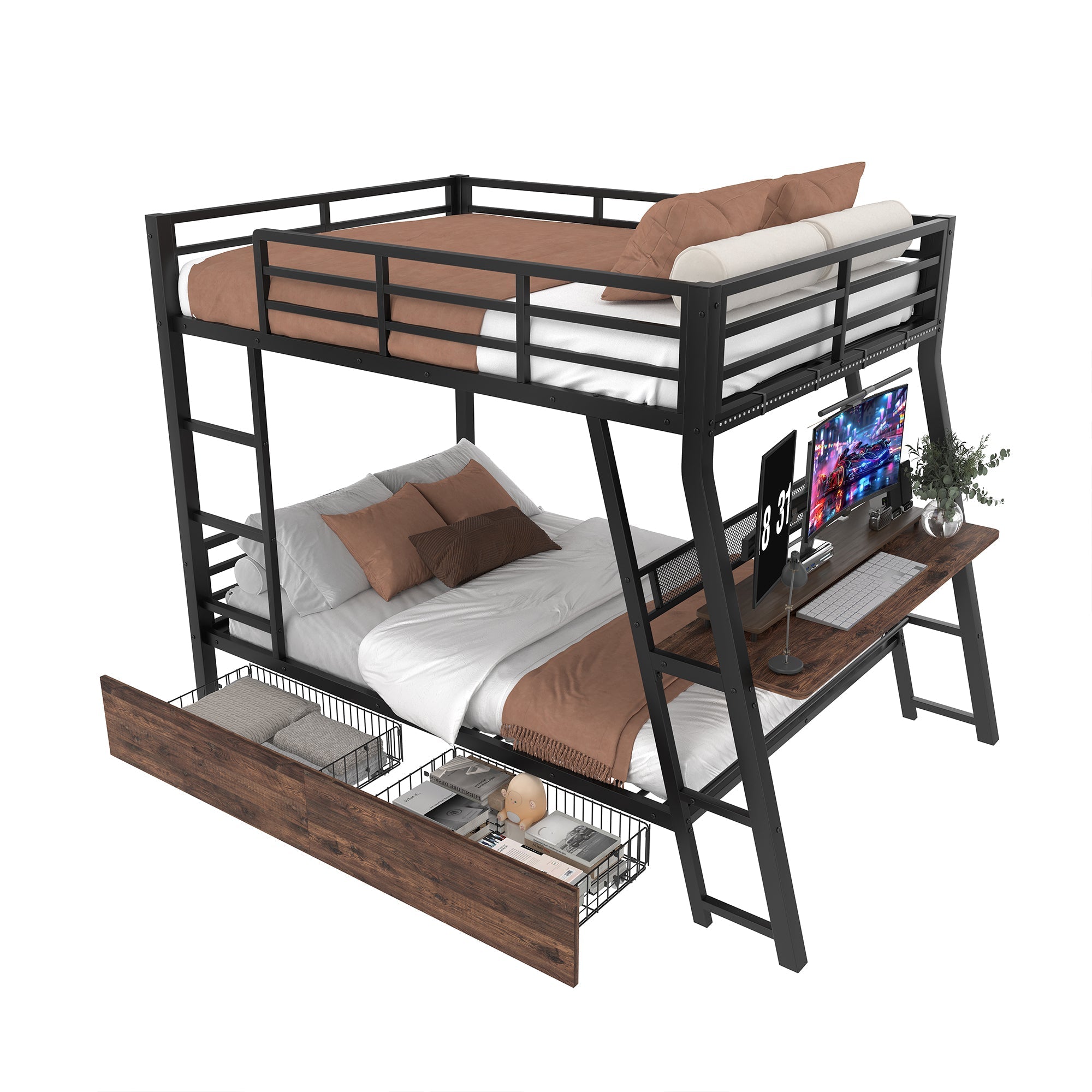 Loft Bed with Desk, LED Strip and Storage Drawers, Black Iron Frame