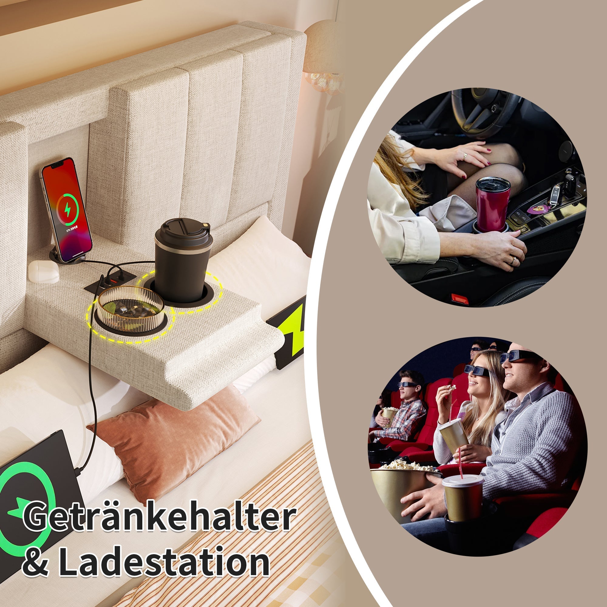 Upholstered Double Bed 160x200cm Hydraulic Storage Cup Holder Charging Station - Linen Beige