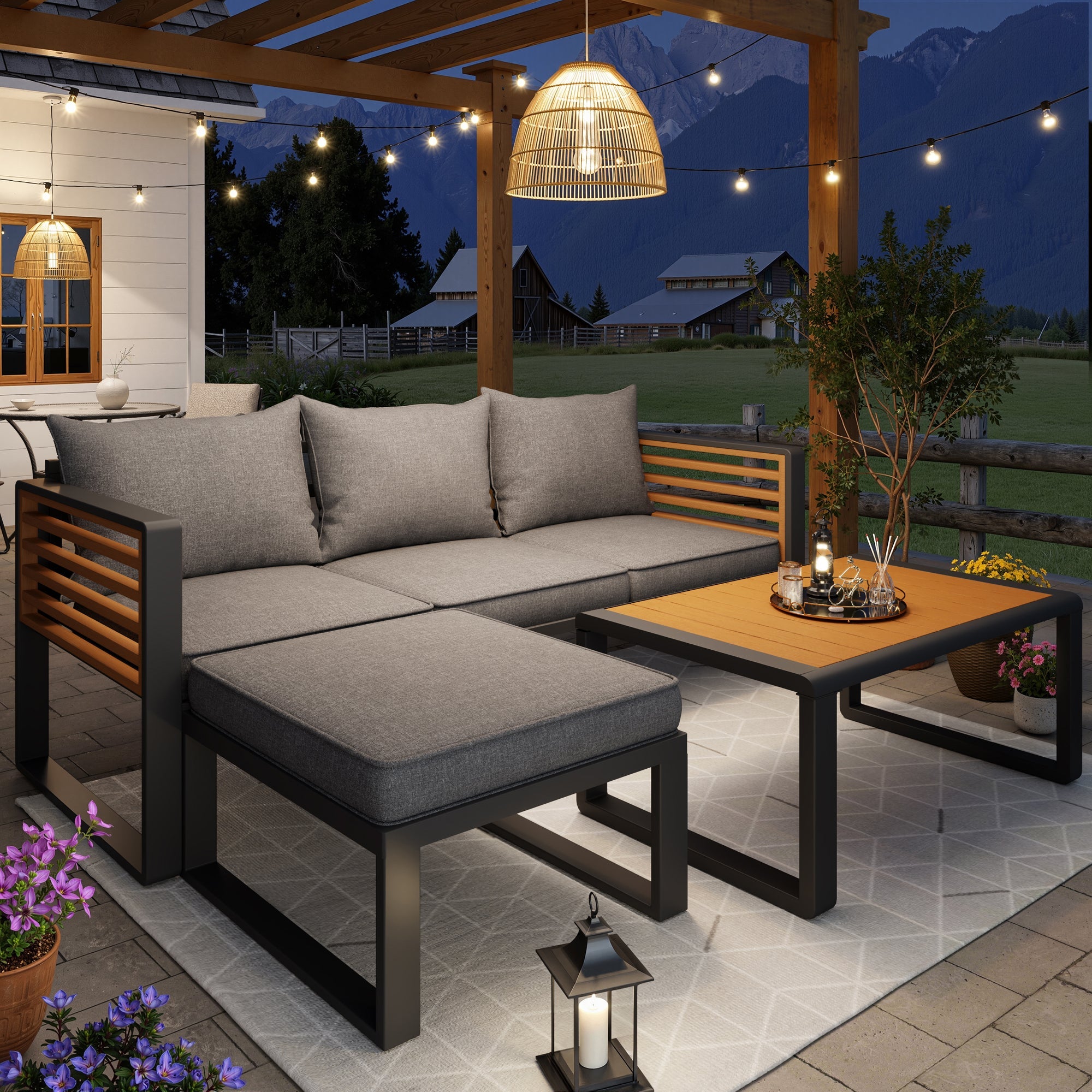 Garden Lounge Set 3-4 Seater Modern Outdoor Sofa - Galvanized Iron Frame