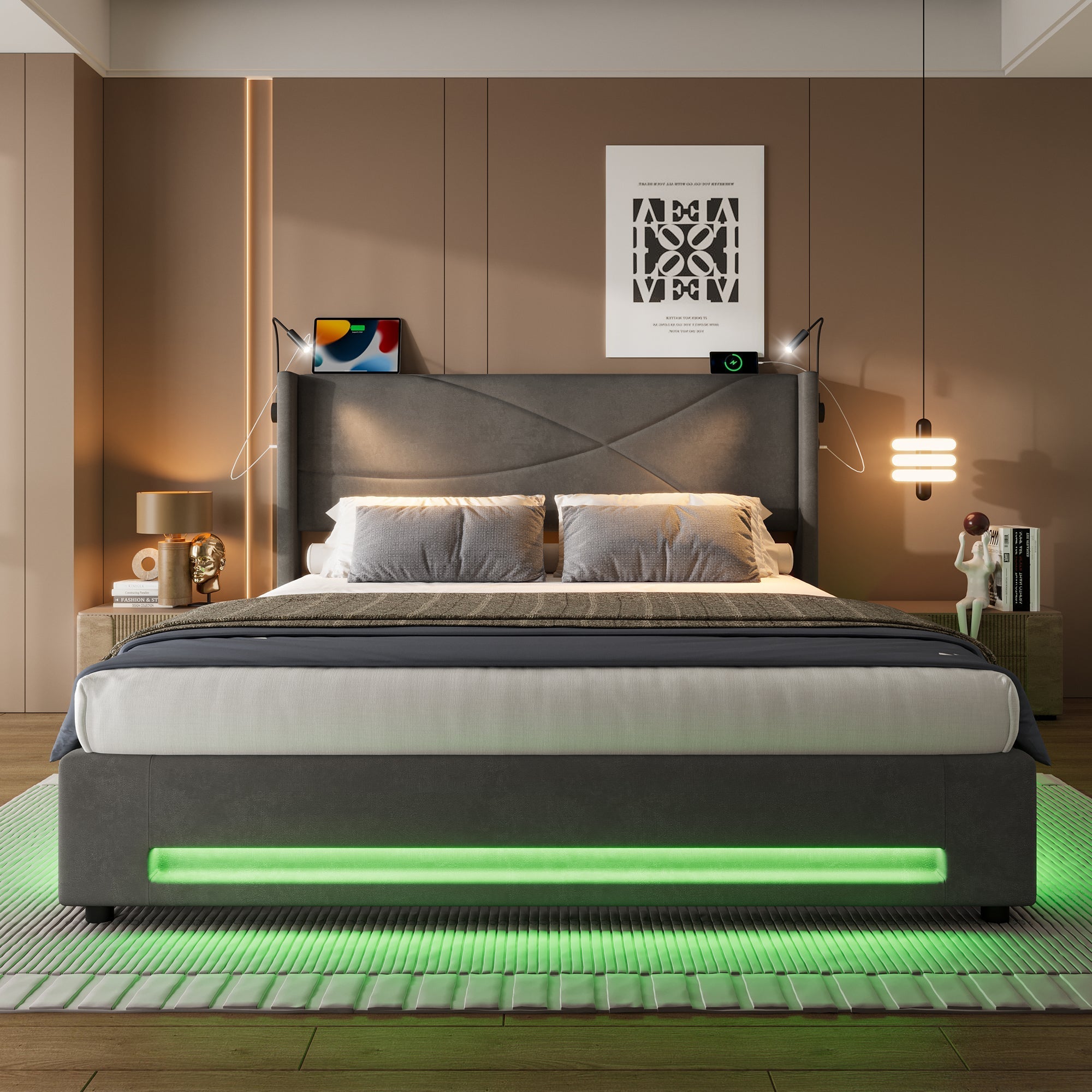 Modern Bed Frame, Reading Lamps, LED, Hydraulic Storage, USB/Type-C Ports, 150x200cm, Dark Gray