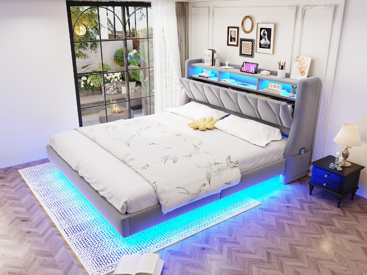 Upholstered Bed 180x200cm Hydraulic Storage Headboard with LED Socket Floating Design Light Grey Velvet