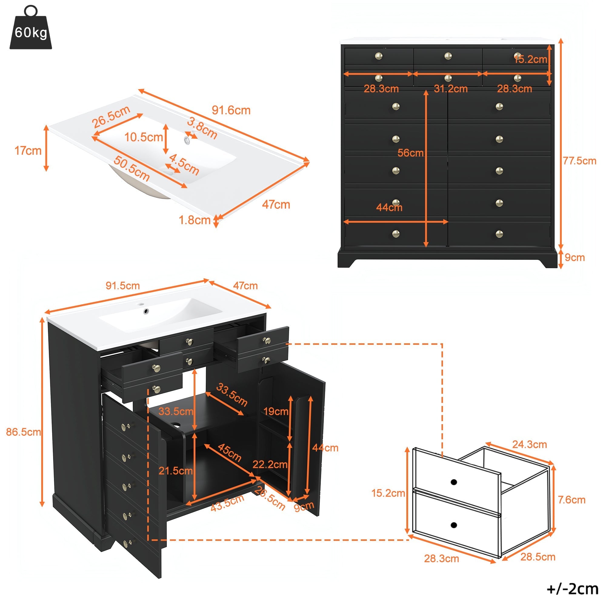 Bathroom Vanity Unit with Ceramic Sink and Storage Drawers, Black and Gold