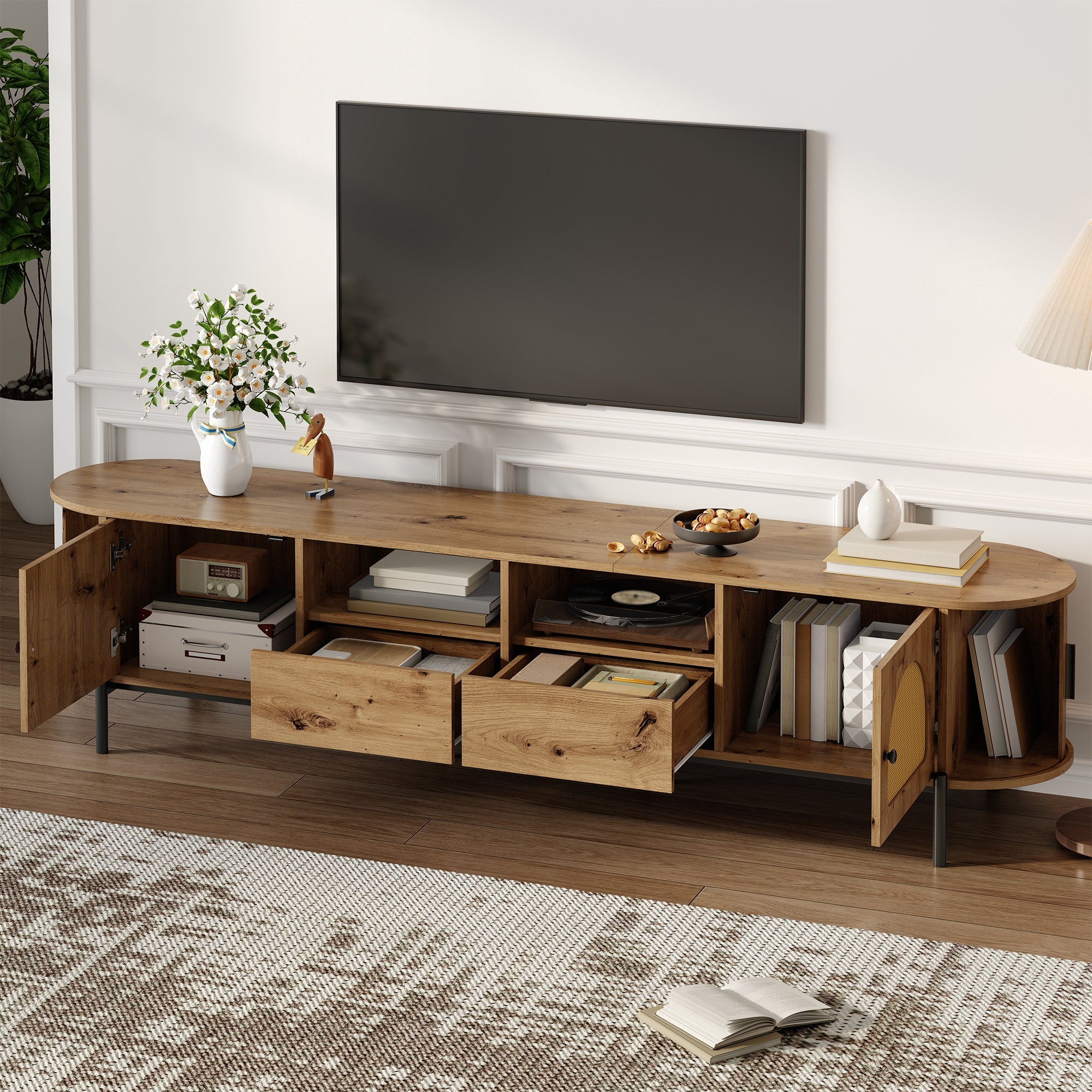 Oval TV Cabinet with Sliding Doors and Drawers, Wood Look and Rattan