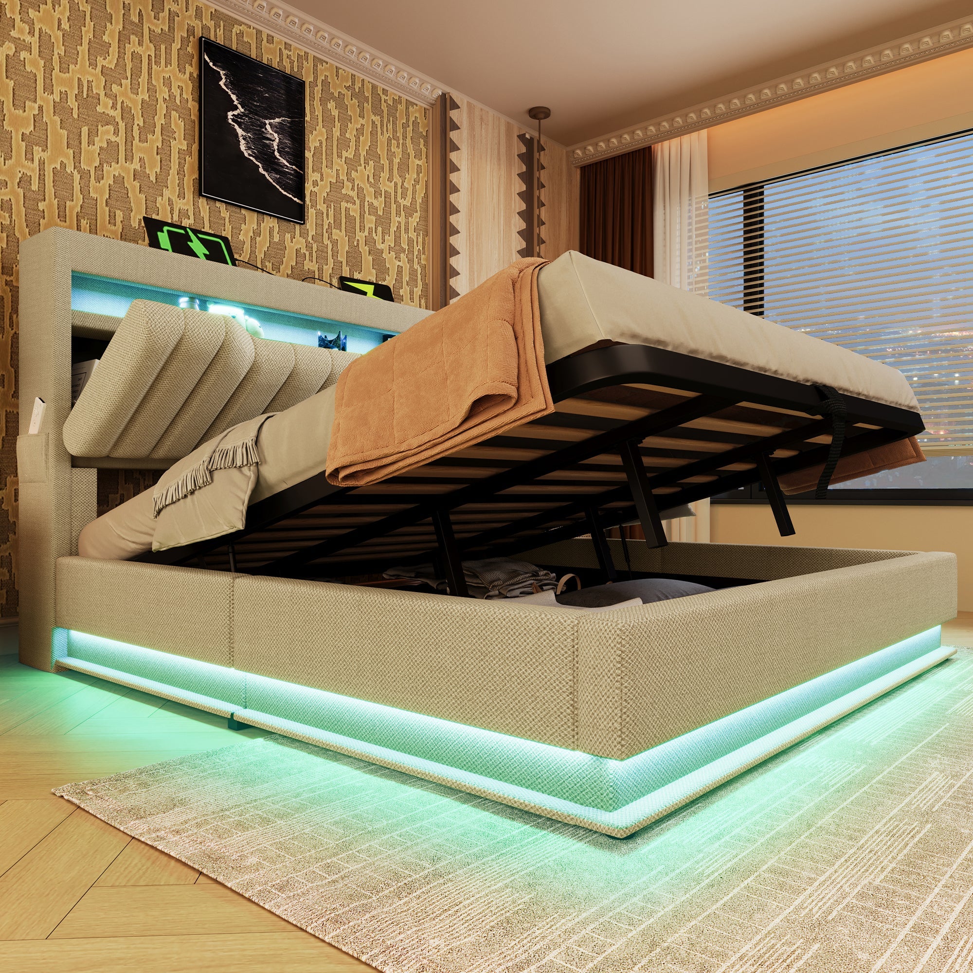 Upholstered Double Bed, 160x200cm, Storage Headboard with USB/Type-C, LED Lighting, Hydraulic Storage, Beige Linen