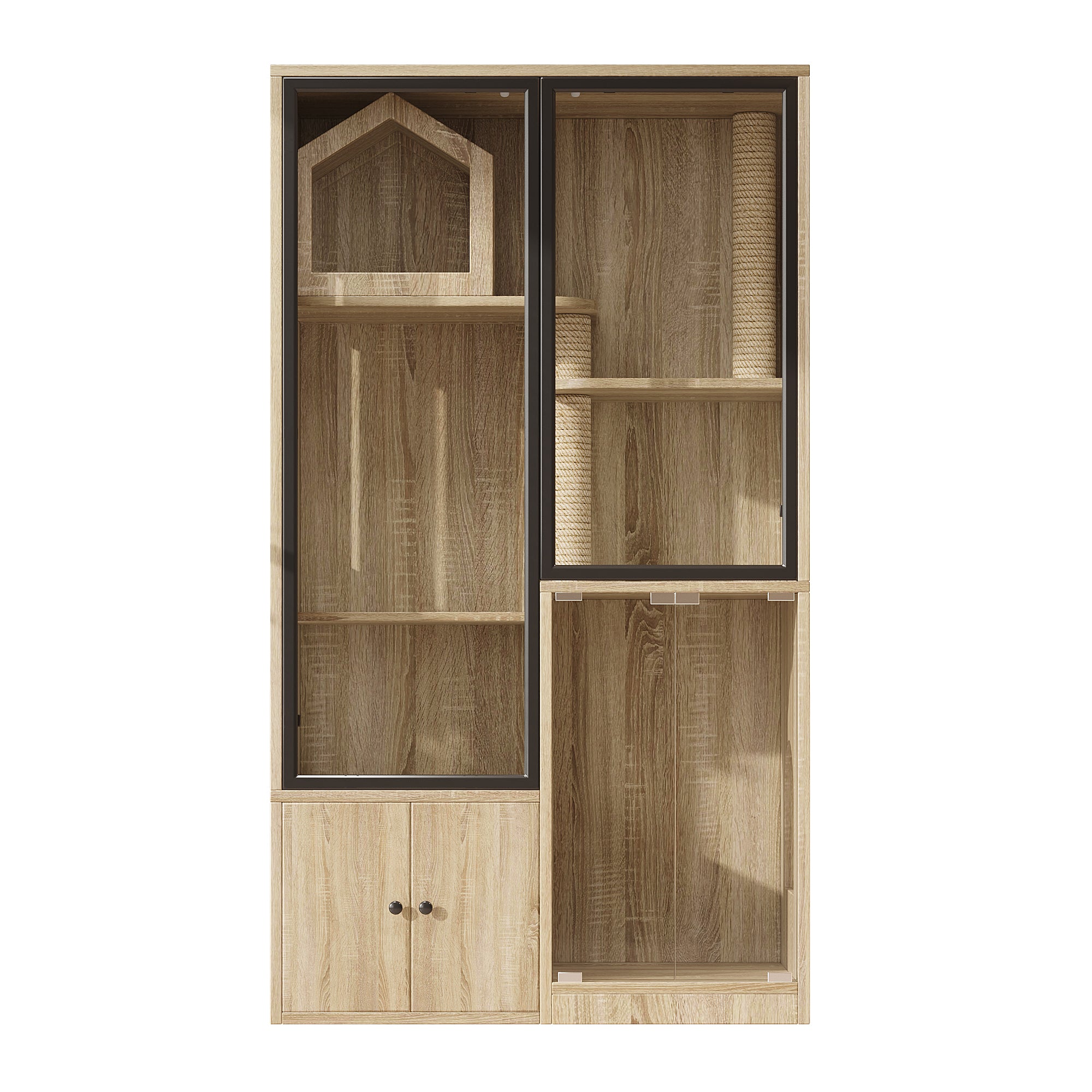 4-Story Glass Cat House Cage Winterproof 90x50x160cm - Natural Wood Color
