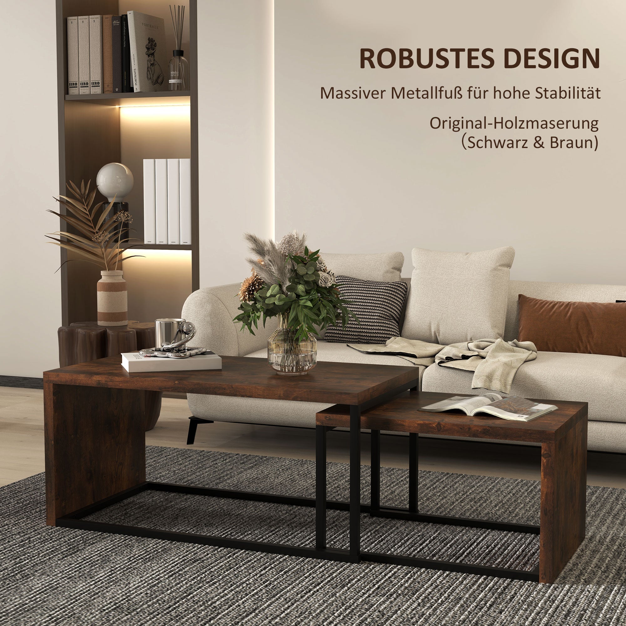 Couchtische, verschachtelt, multifunktional, verschiedene Formen, schwarzes und braunes Metall