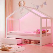 Wooden Bed with Drawers, Shoe Cabinet and LED Lighting, 90x190cm, White Wood