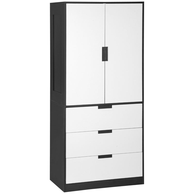 2 Door Wardrobe with 3 Drawers and Hanging Rod, Black