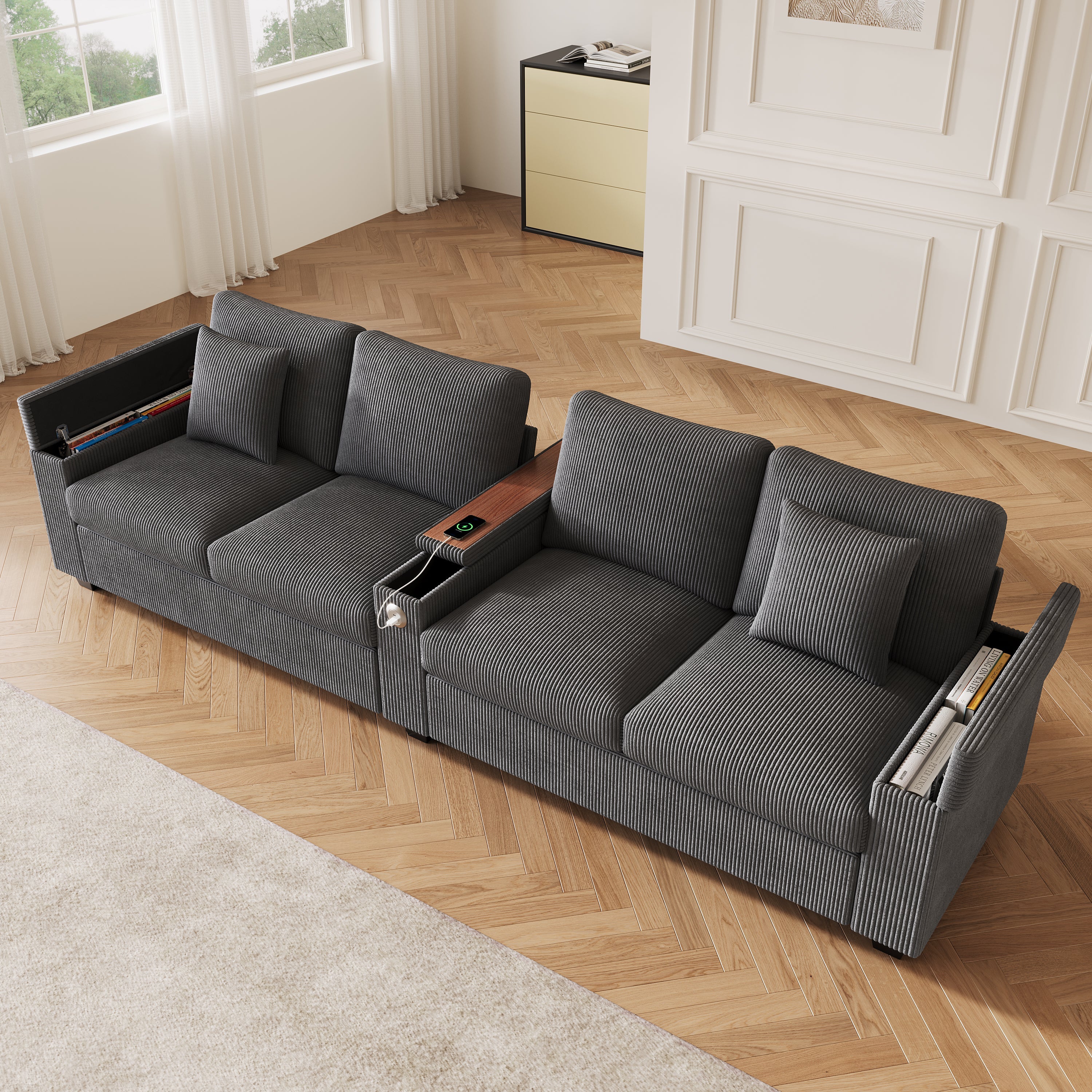 Modern 4-Seater Modular Sofa with USB Charging and Hidden Storage, Gray Corduroy