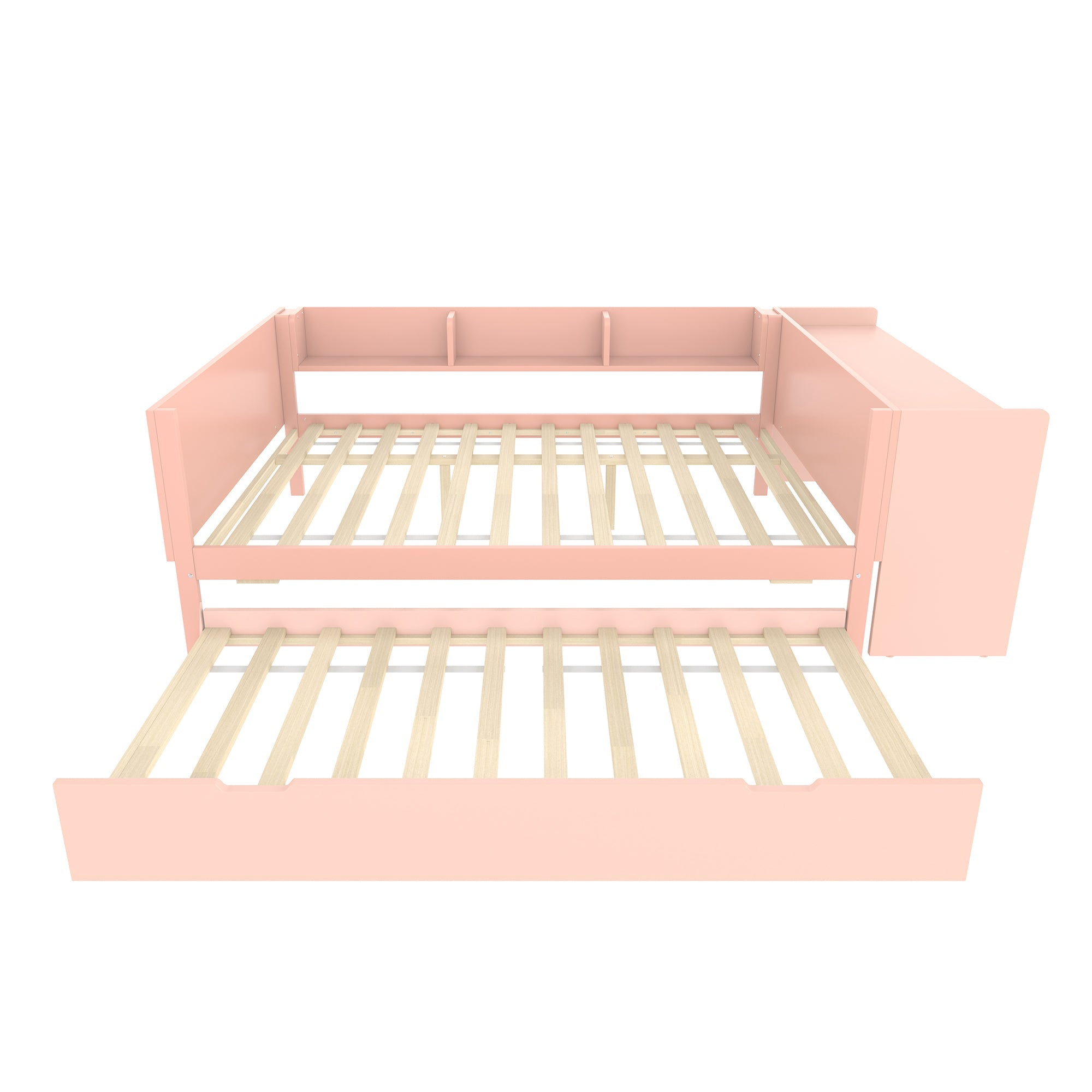 Wooden Flatbed Double Bed with Desk, Trundle and Shelves, 140x200cm, Pink