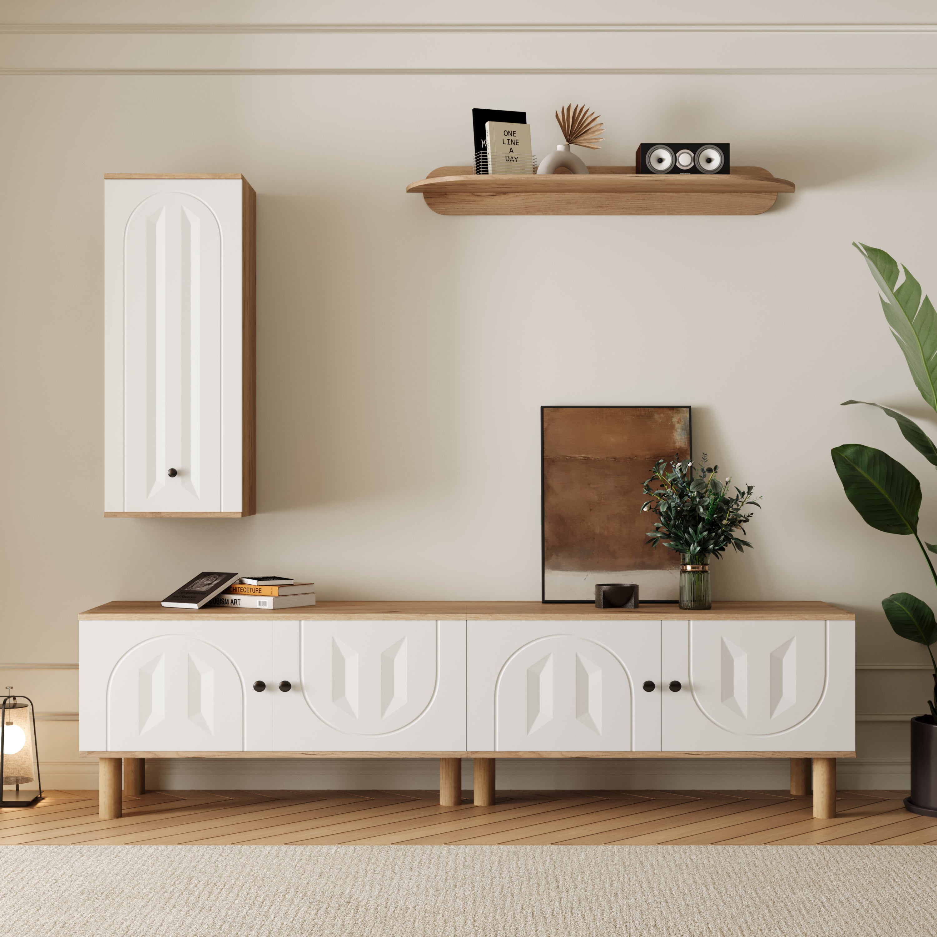 Wall Unit, Highboard Cabinets Shelf, White Wood