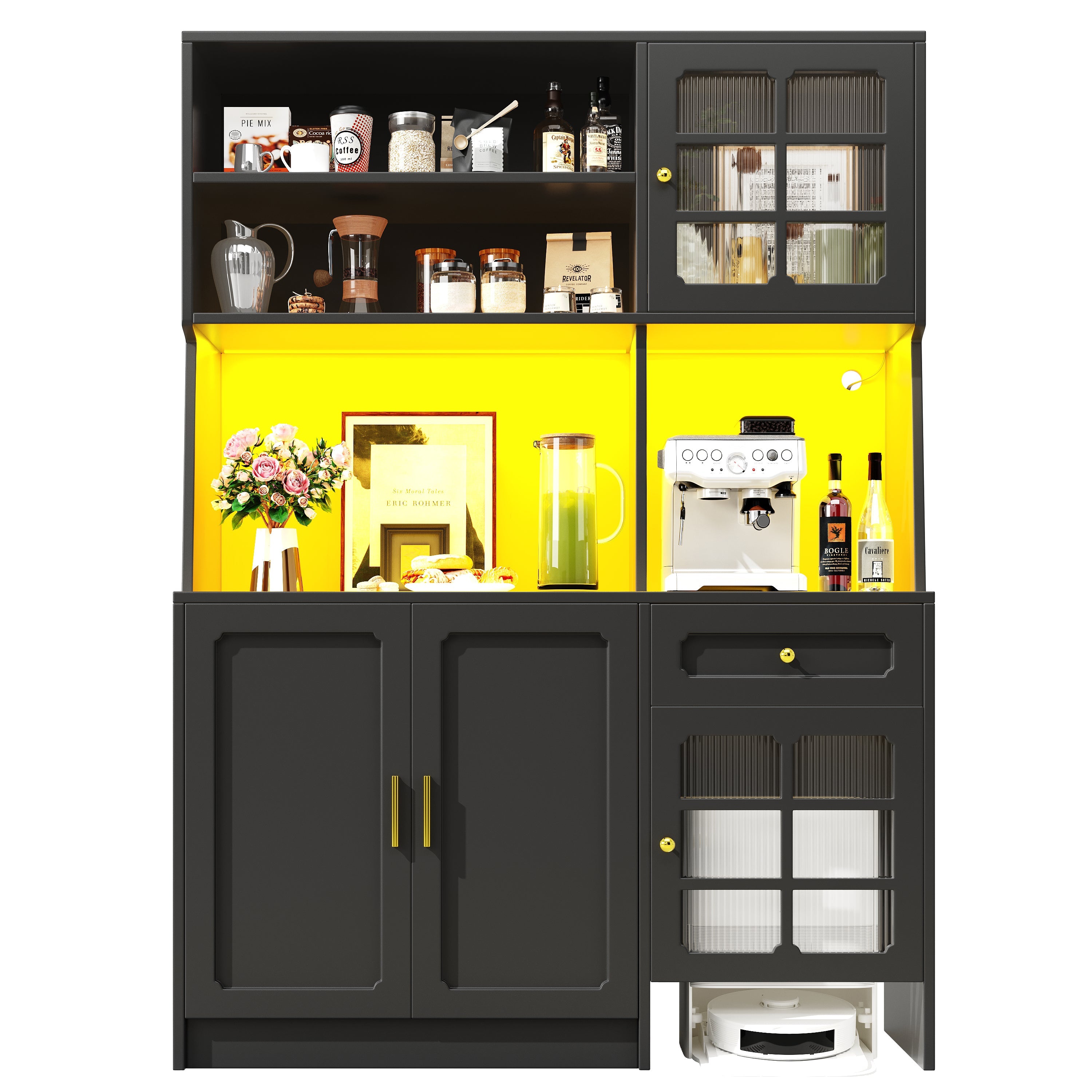 Tall Kitchen Cabinet Sideboard with Glass Doors and LED Lighting, Black