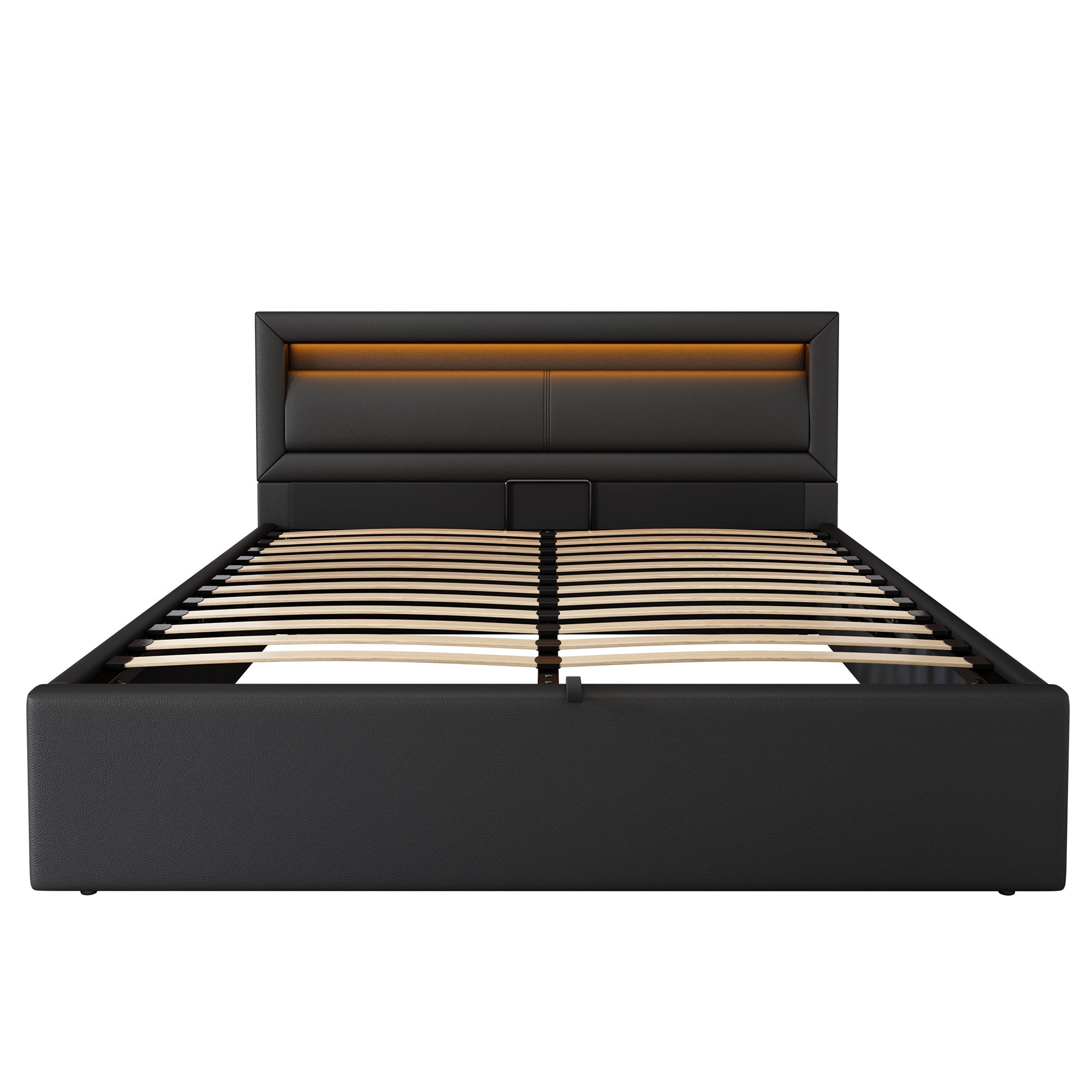 Upholstered Bed with Lift-Up Storage, LED Lighting & Slatted Base, Black
