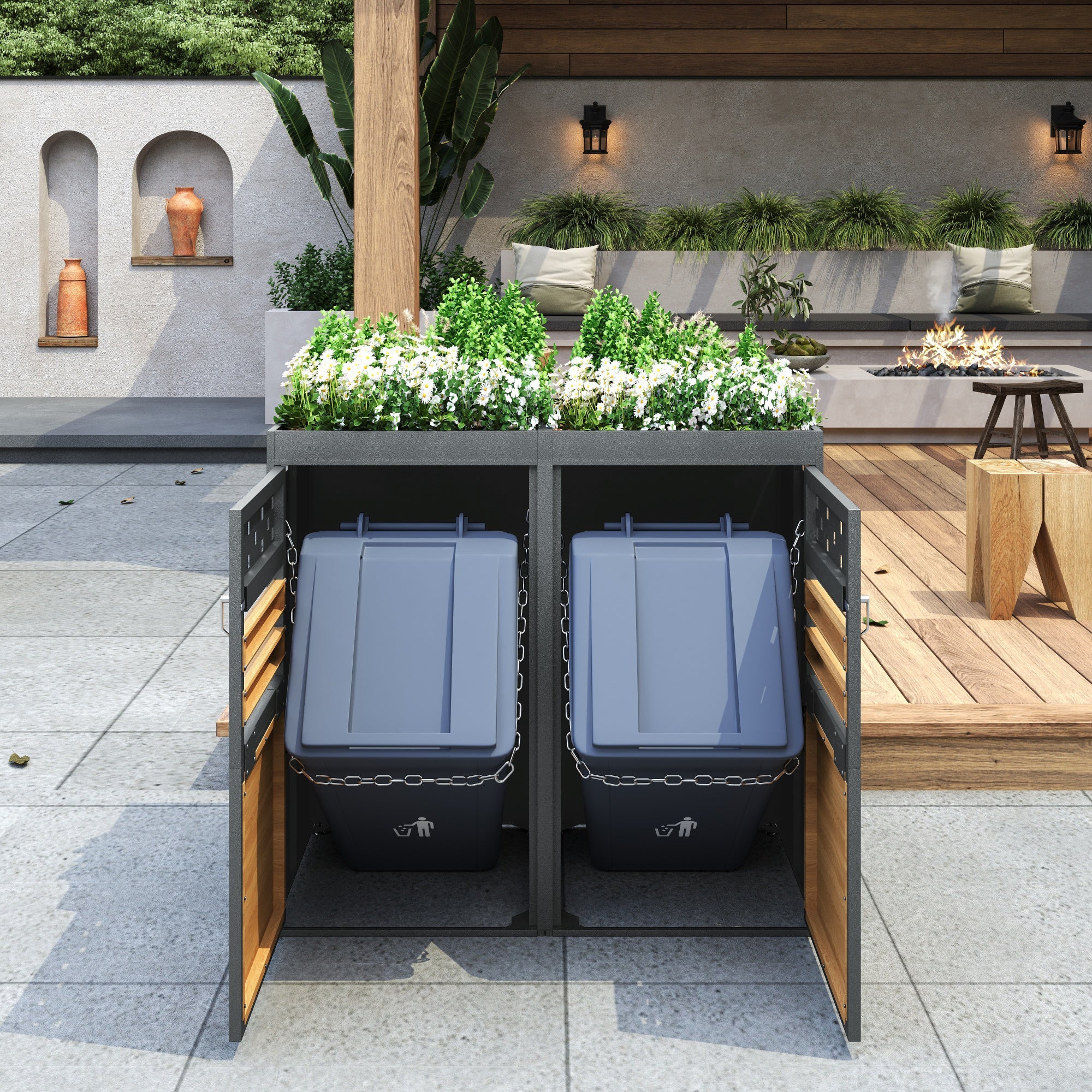 Garbage Can Storage Box for 2, with Planting Roof, 120-240 Liters, Anthracite Wood-Look
